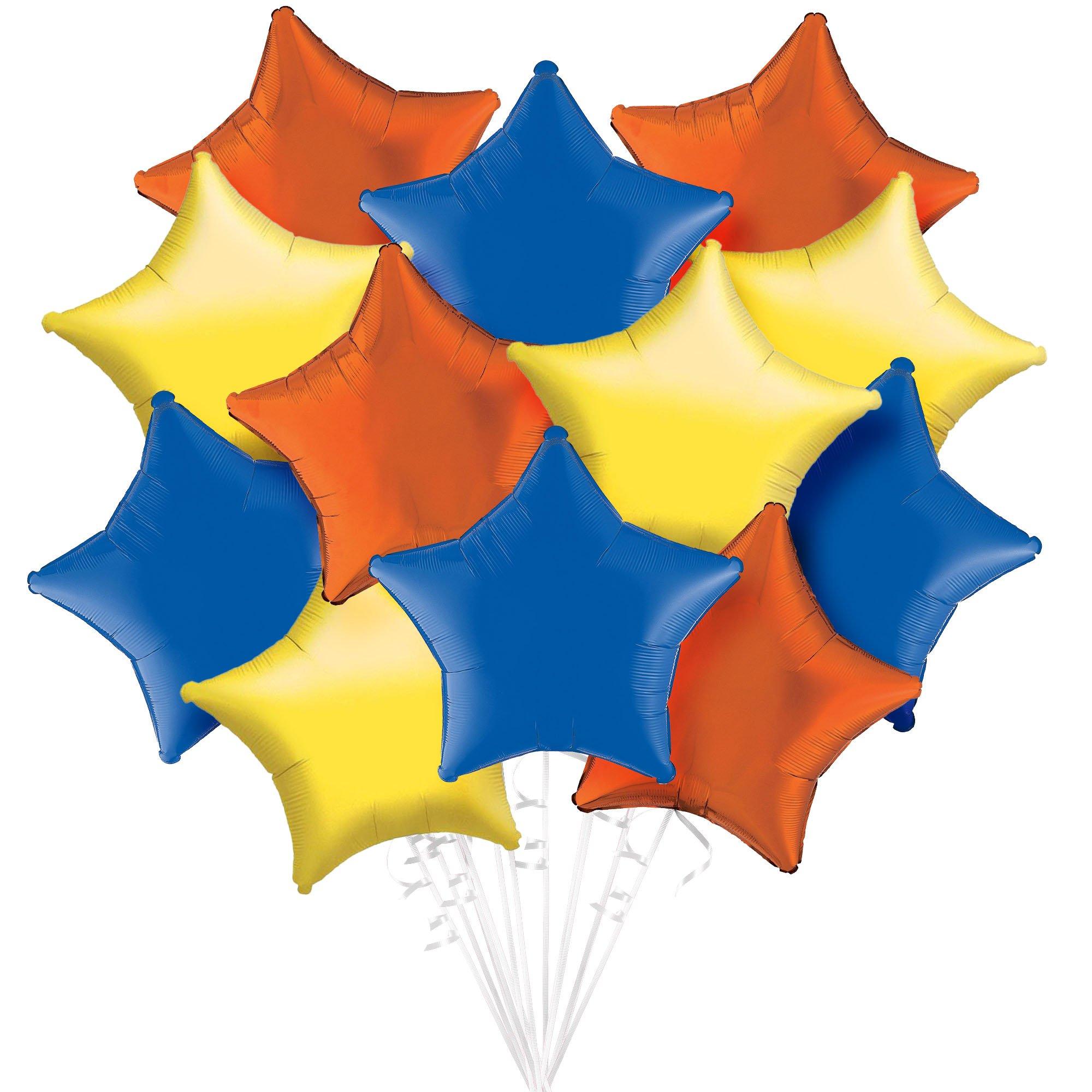 Blue, Orange & Yellow Star Foil Balloon Bouquet, 12pc