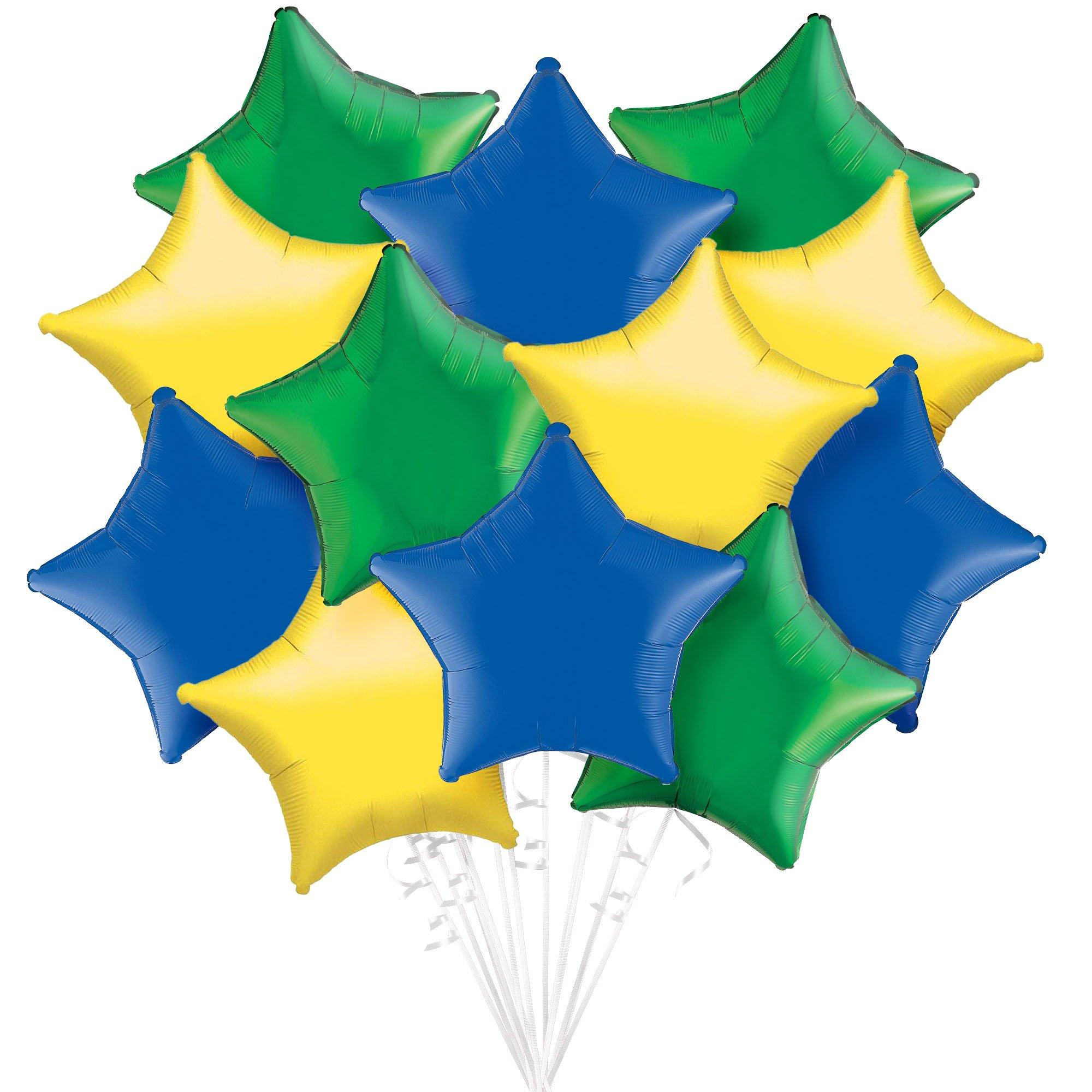 Blue, Green & Yellow Star Foil Balloon Bouquet, 12pc