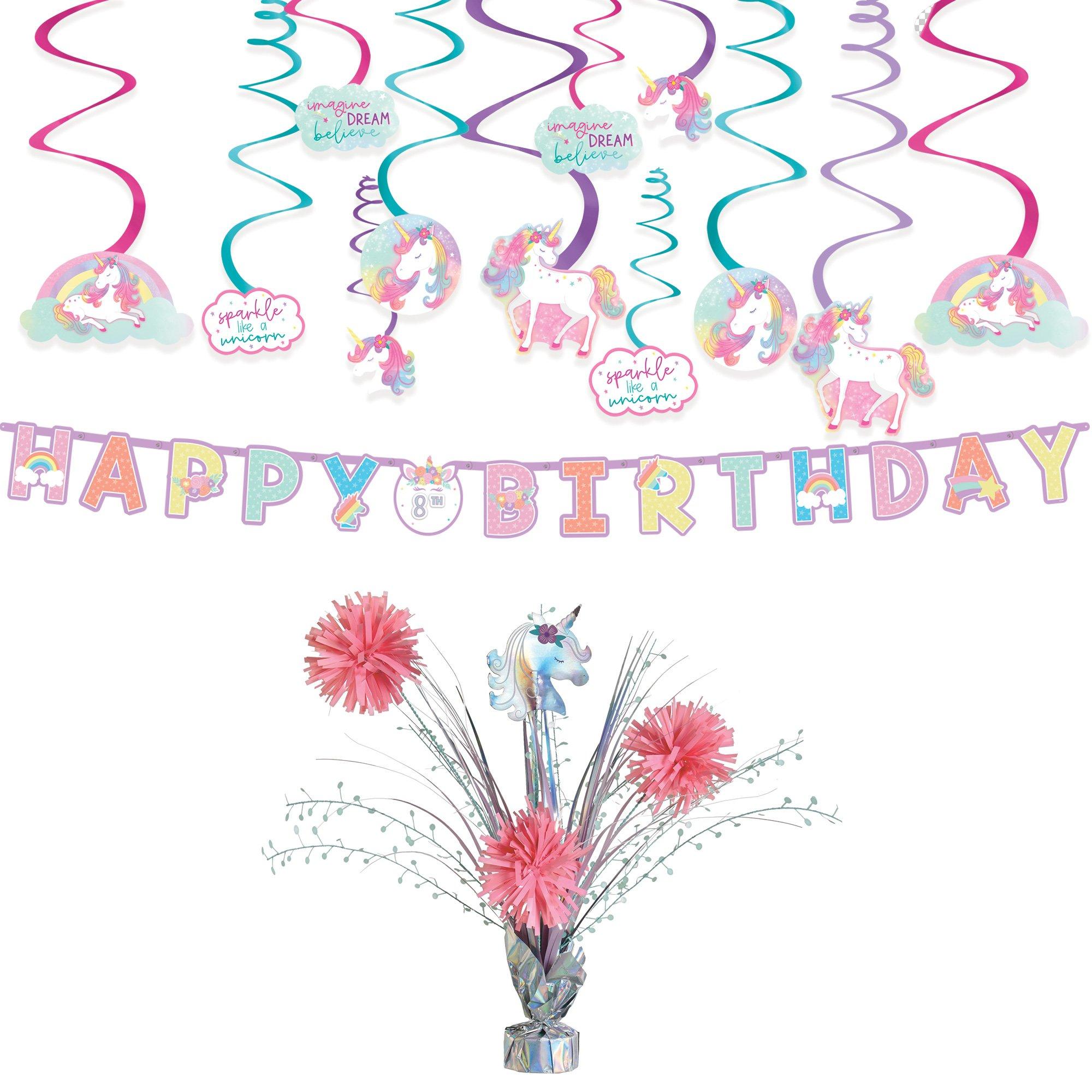 Enchanted Unicorn Party Decorating Supplies Pack - Kit Includes Banner, Swirl Decorations & Centerpiece