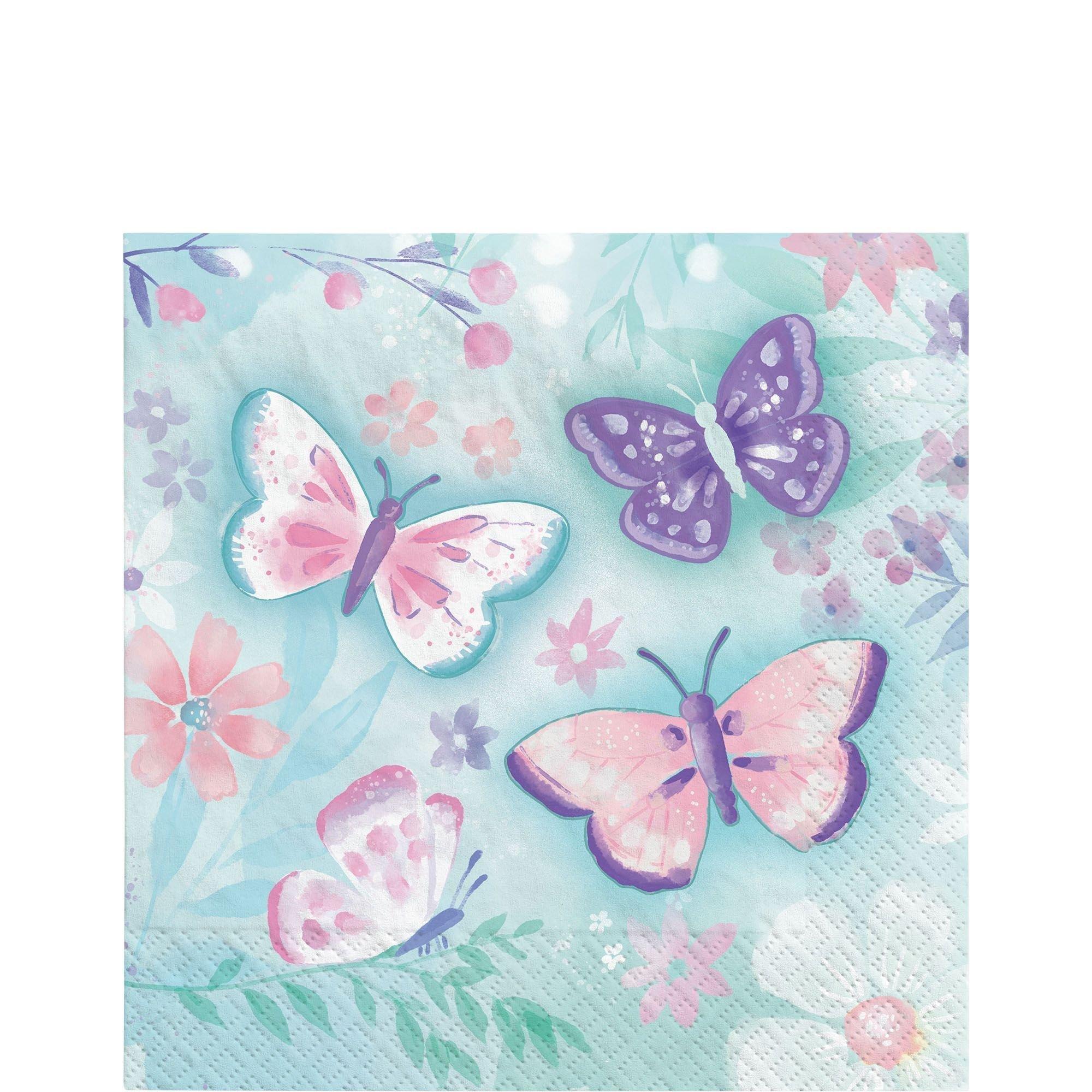 Flutter Butterfly Birthday Party Supplies Pack for 8 Guests - Kit Includes Plates, Napkins & Table Cover