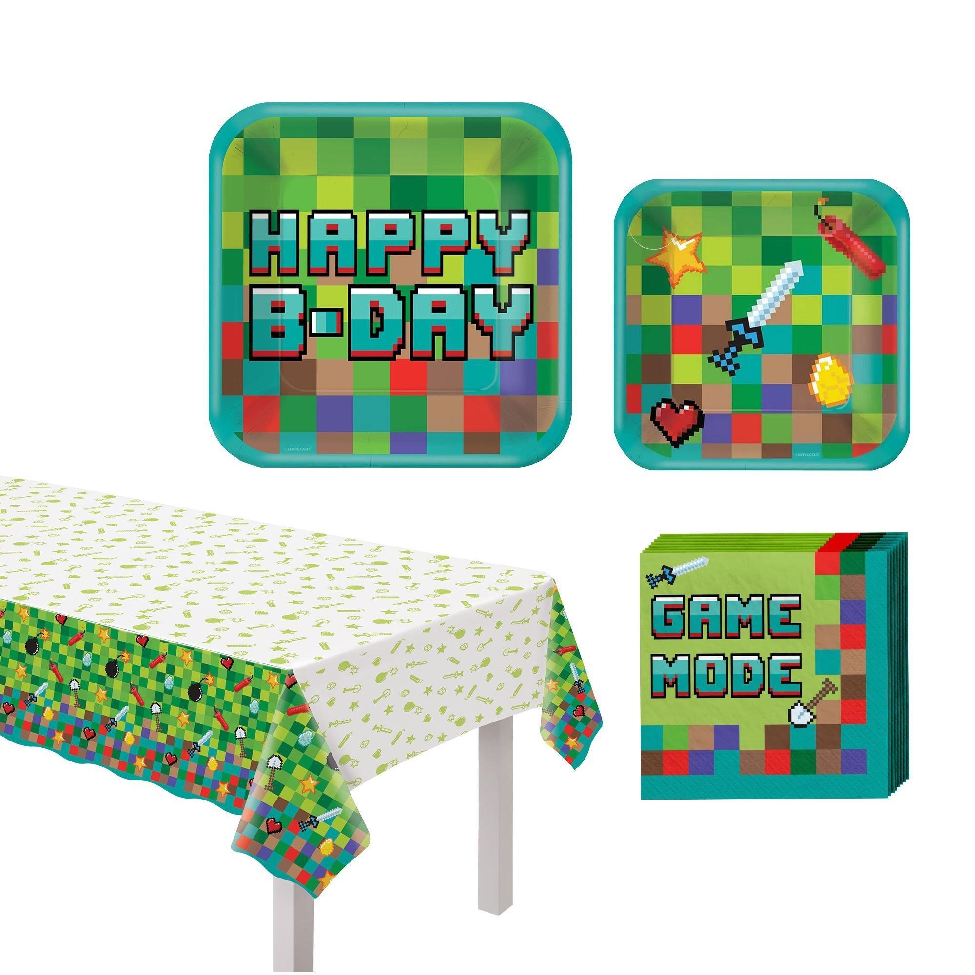 Pixel Party Birthday Supplies Pack for 8 Guests - Kit Includes Plates, Napkins & Table Cover