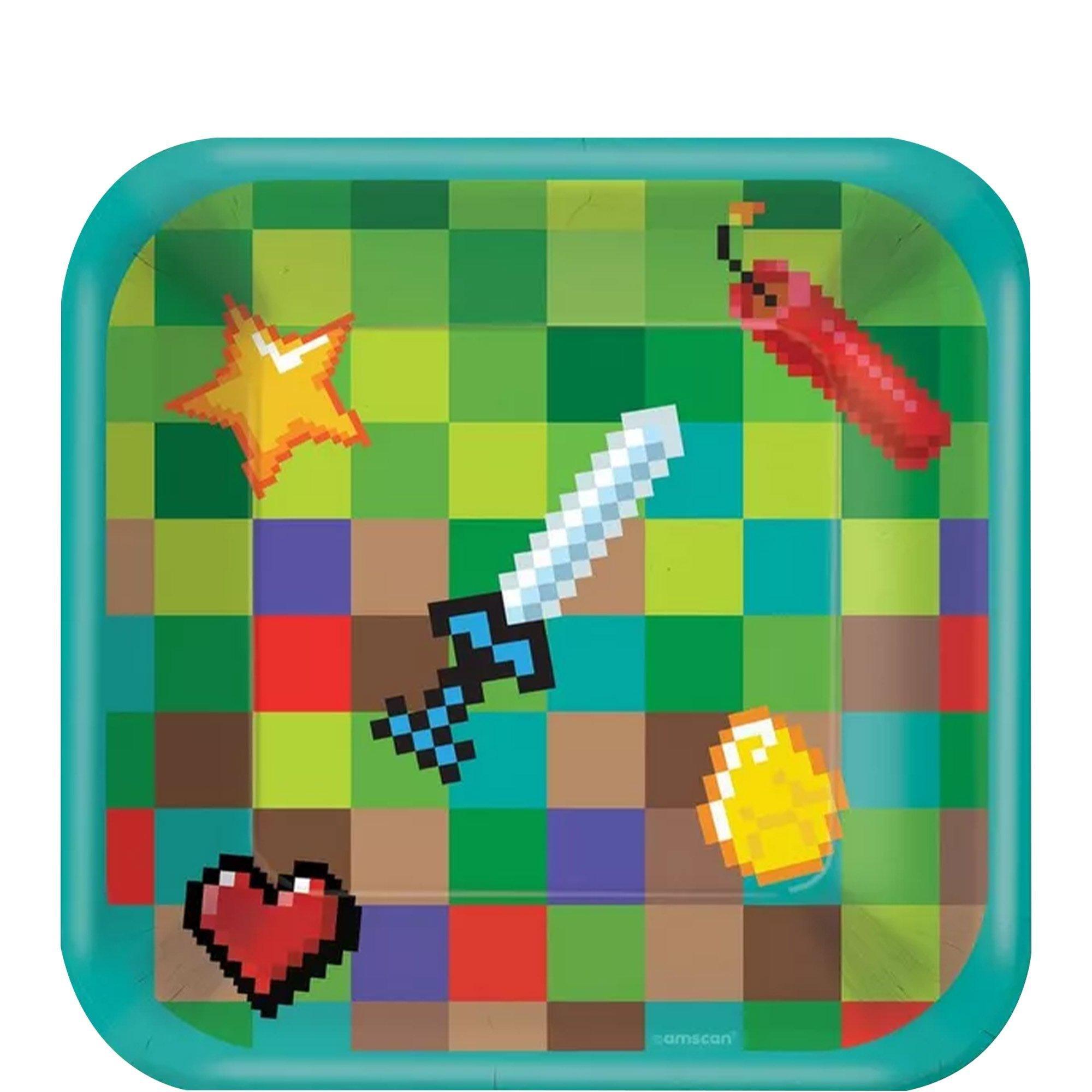 Pixel Party Birthday Supplies Pack for 8 Guests - Kit Includes Plates, Napkins & Table Cover