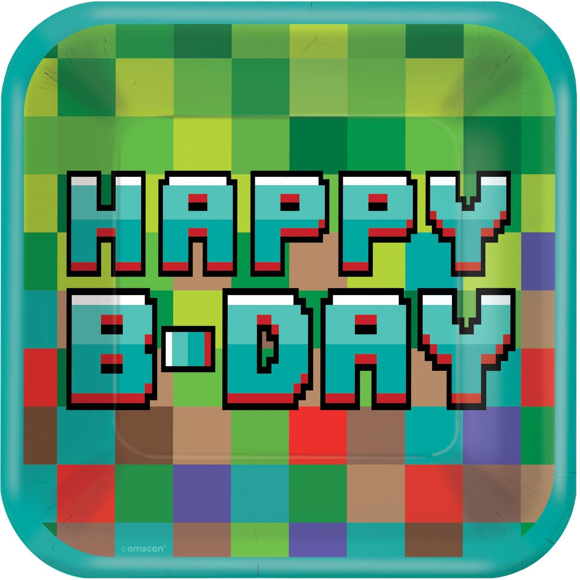 Pixel Party Birthday Supplies Pack for 8 Guests - Kit Includes Plates, Napkins & Table Cover