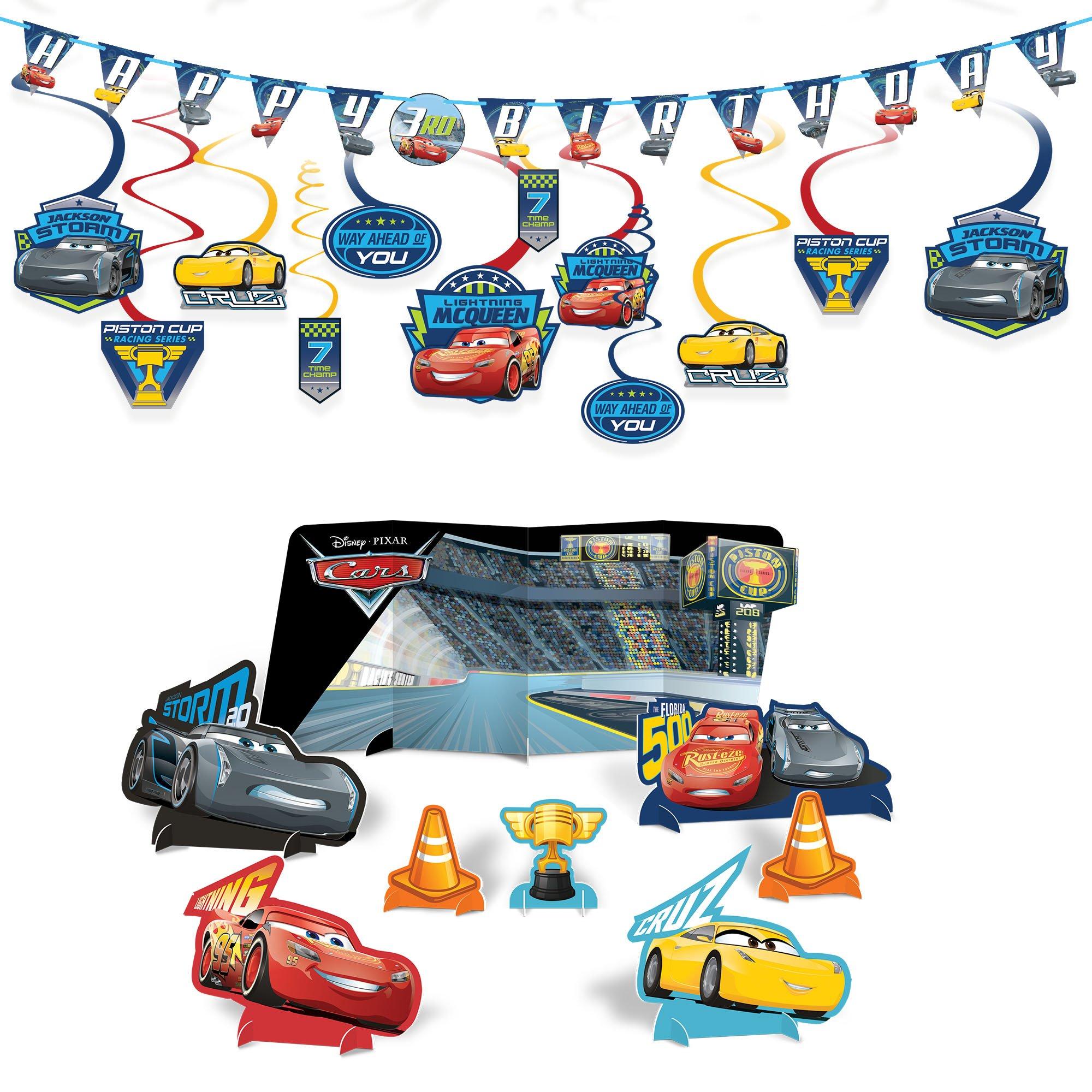 Cars 3 Party Decorating Supplies Pack - Kit includes Banner, Swirls & Table Decorations