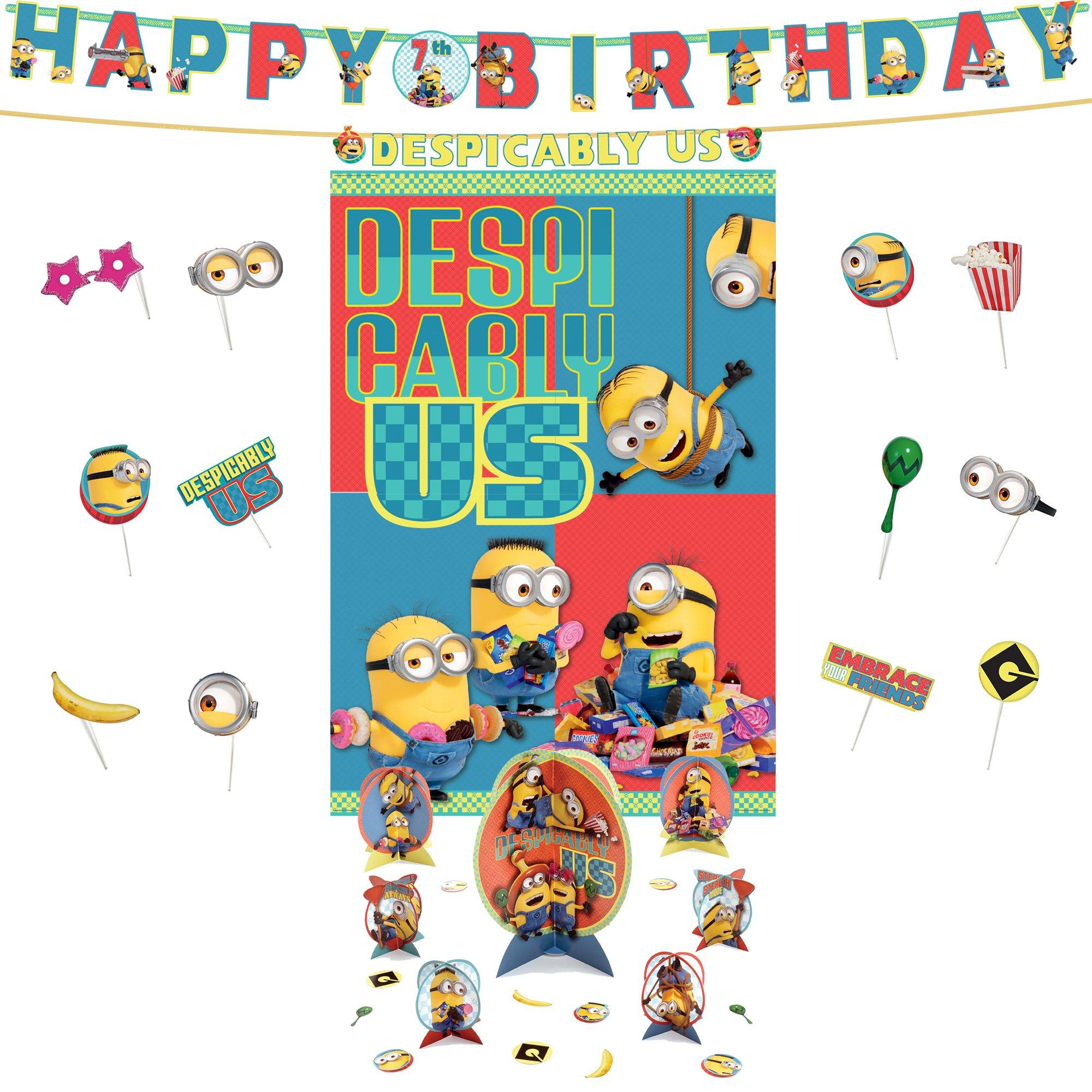 Despicable Me 4 Minions Birthday Party Decorating Supplies Pack - Kit Includes Banner, Scene Setter & Table Decorations