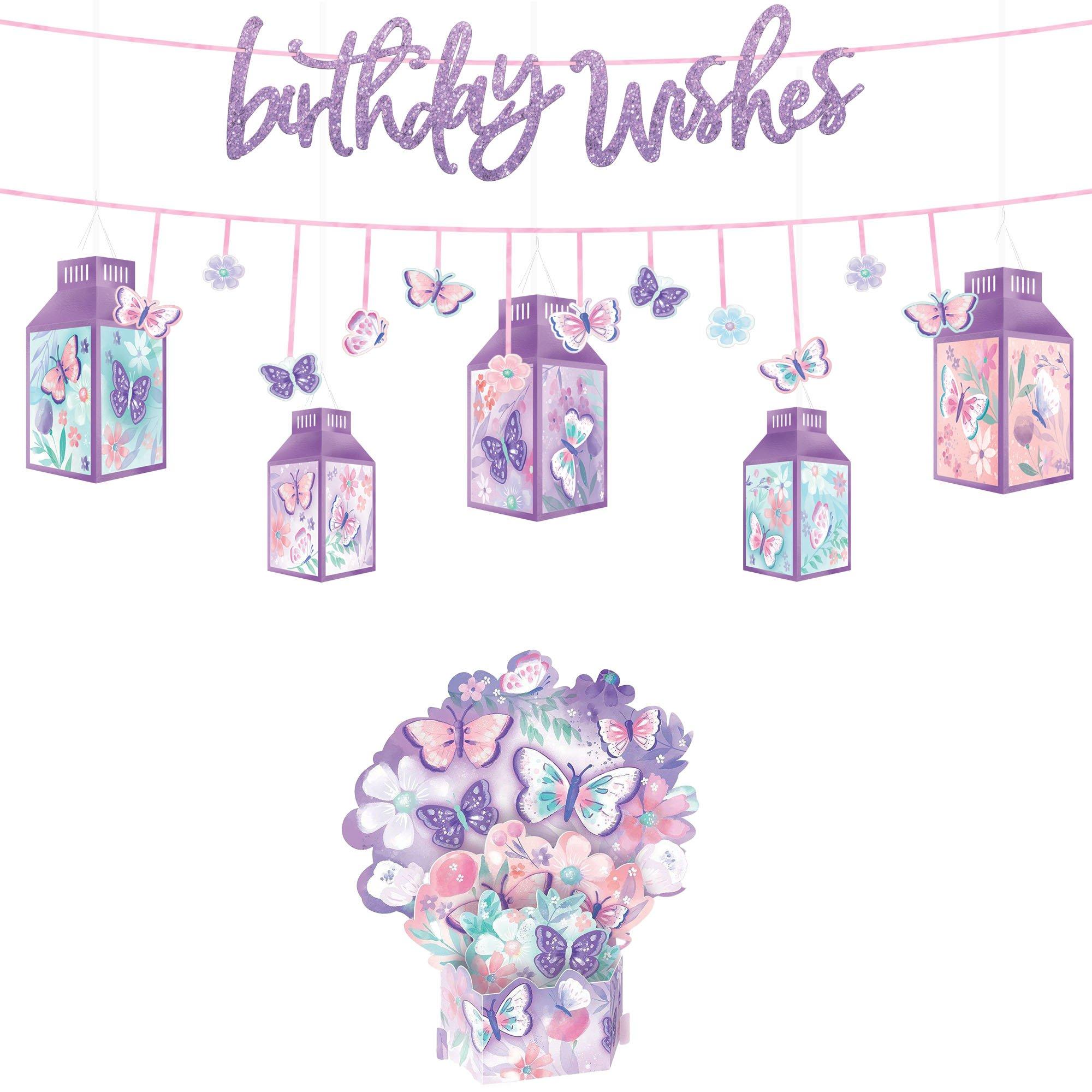 Flutter Butterfly Party Decorating Supplies Pack - Kit includes Banner, Paper Lanterns & Table Centerpiece