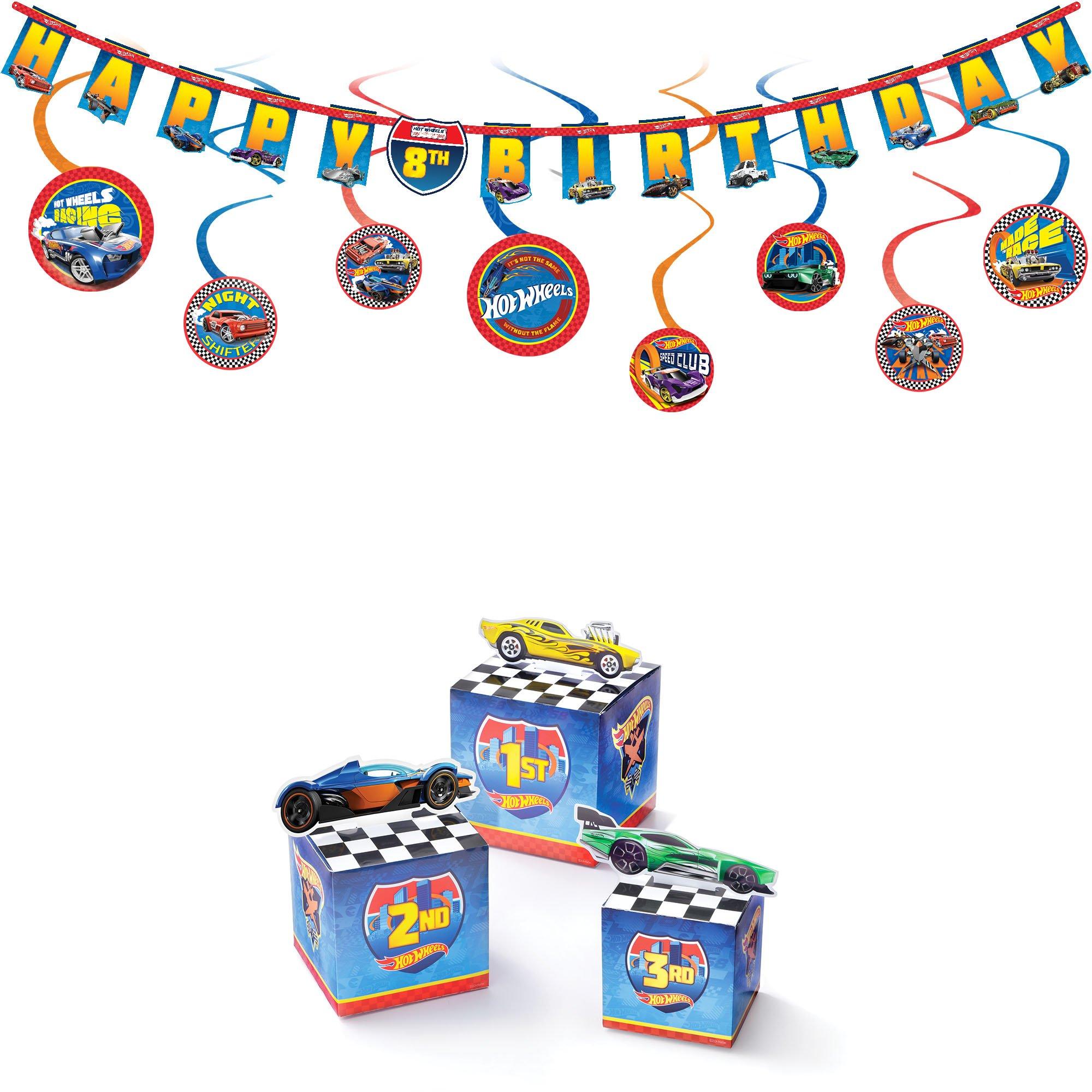 Hot Wheels Party Decorating Supplies Pack - Kit includes Banner, Swirls & Table Decorations