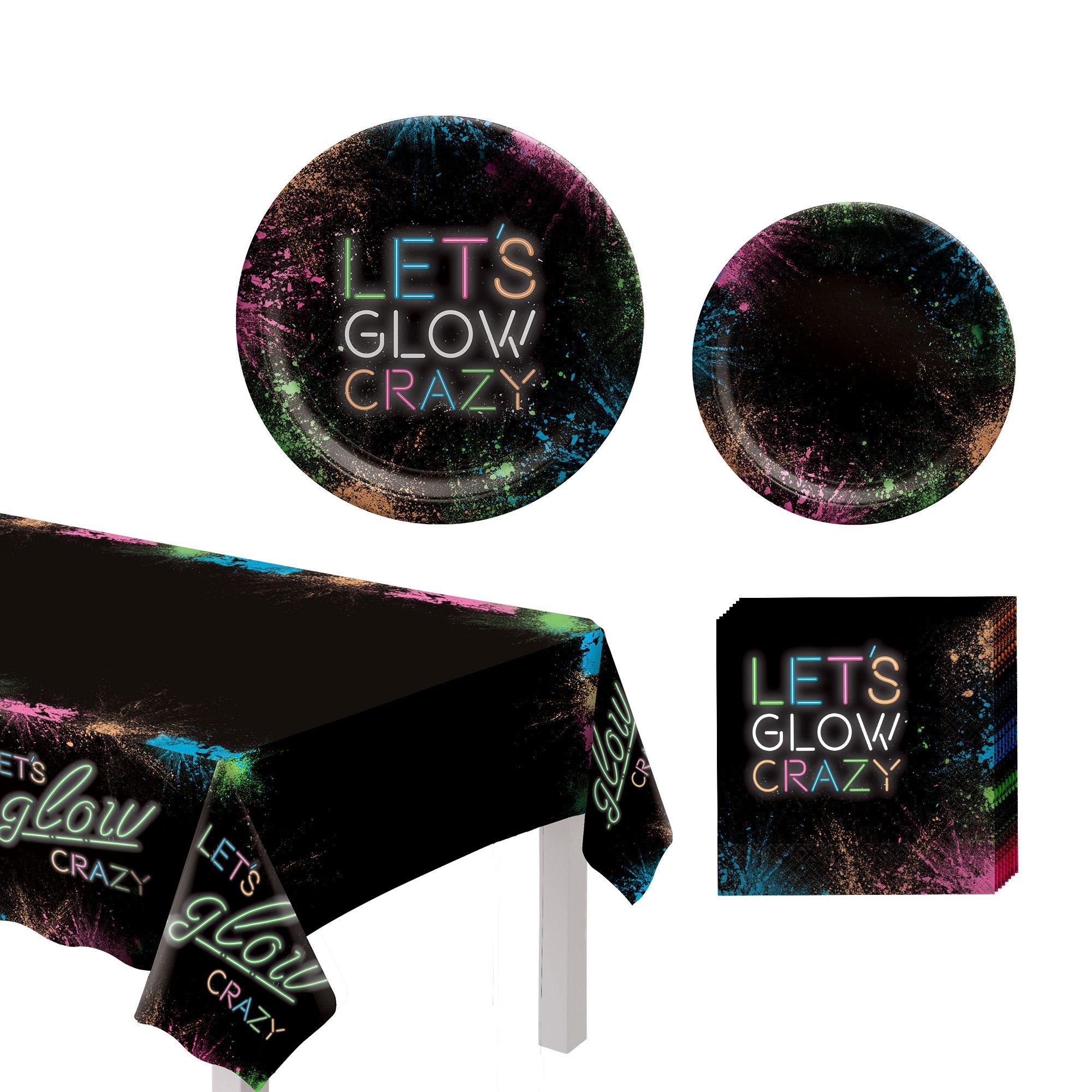 Glow Party Black Light Reactive Core Birthday Party Supplies Pack for 8 Guests - Kit Includes Plates, Napkins & Table Cover