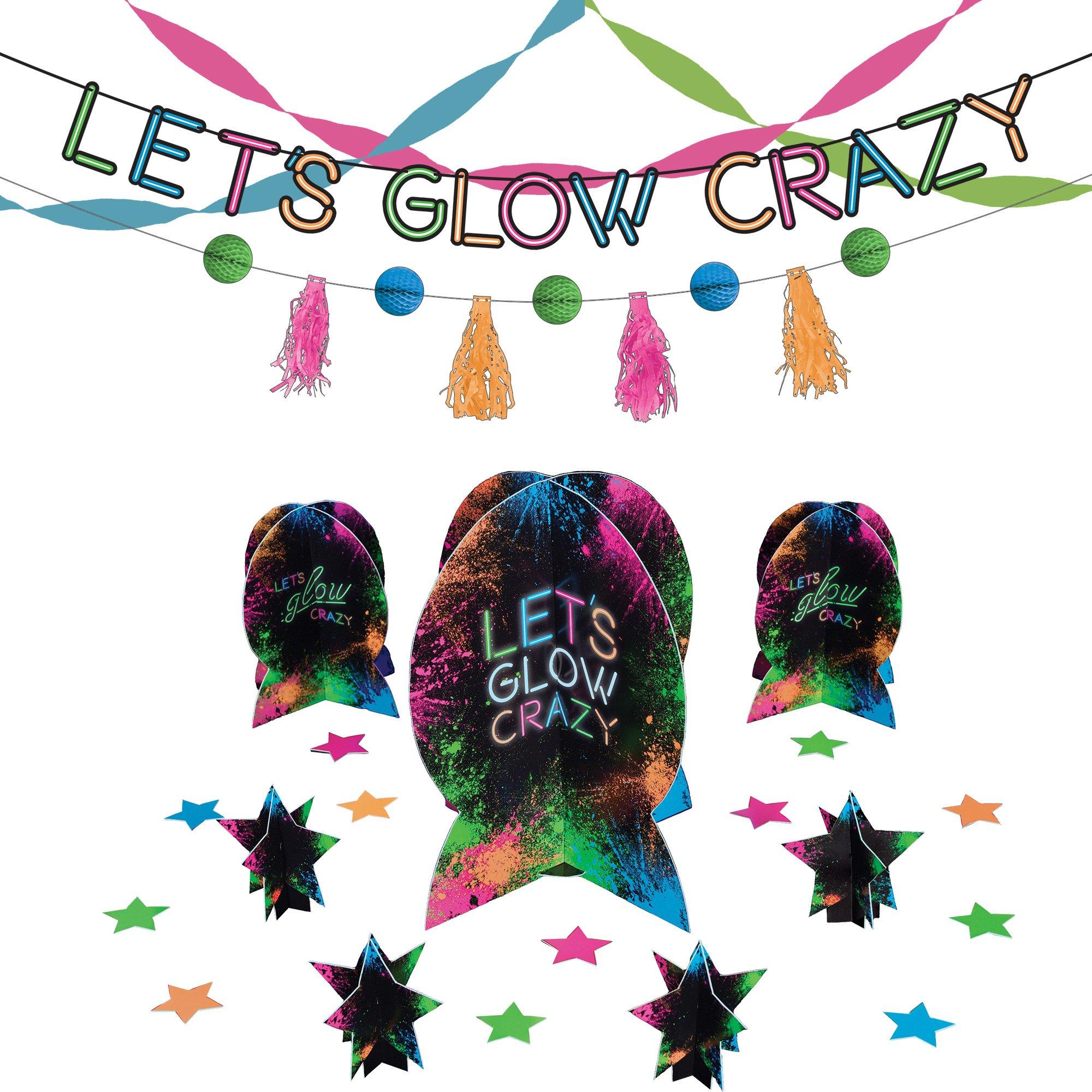 Glow Party Black Light Reactive Birthday Party Decorating Supplies Pack - Kit Includes Banner, Streamers & Table Decorations