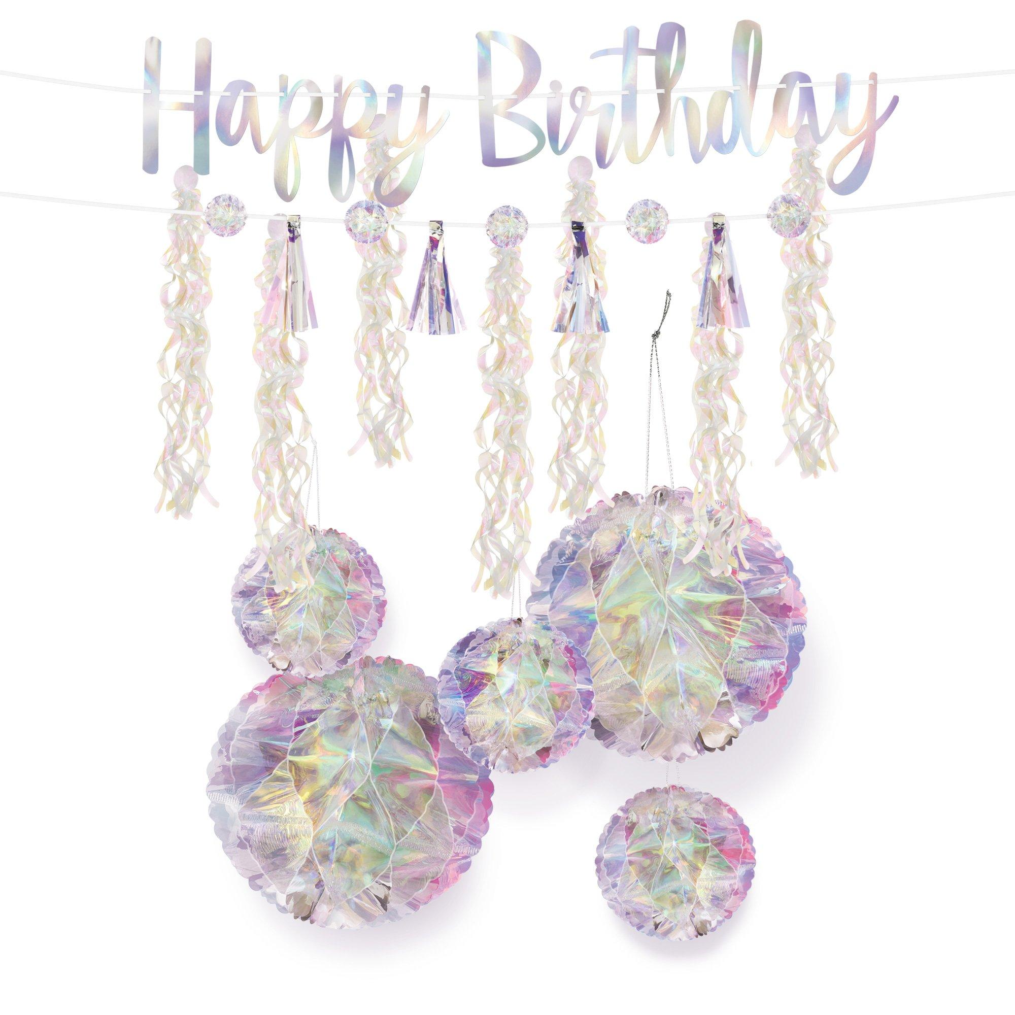 Iridescent Luminous Rainbow Birthday Party Decorating Supplies Pack - Kit Includes Banner, Swirls & Honeycomb Decorations