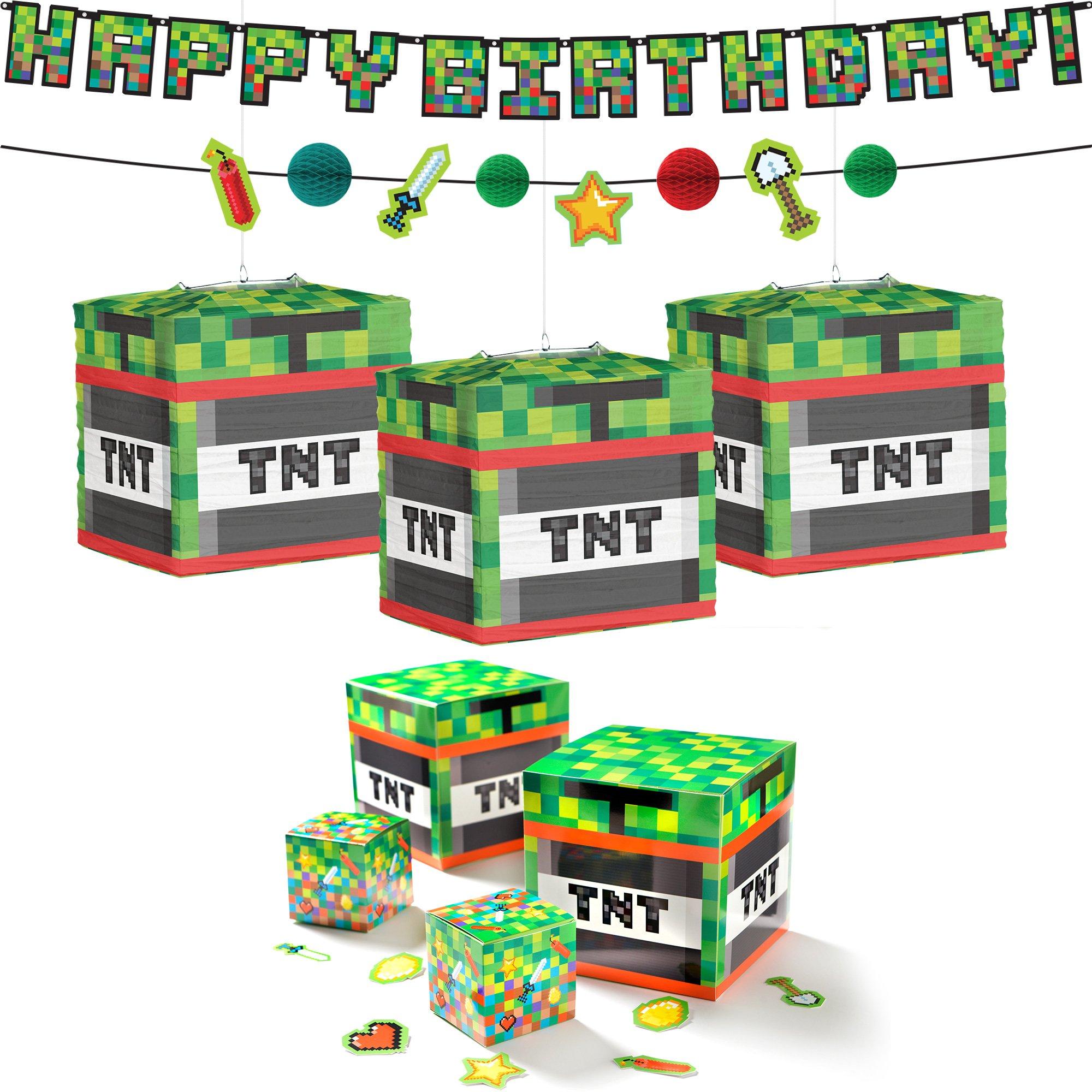 Pixel Party Birthday Decorating Supplies Pack - Kit Includes Banner, Lanterns & Table Decorations