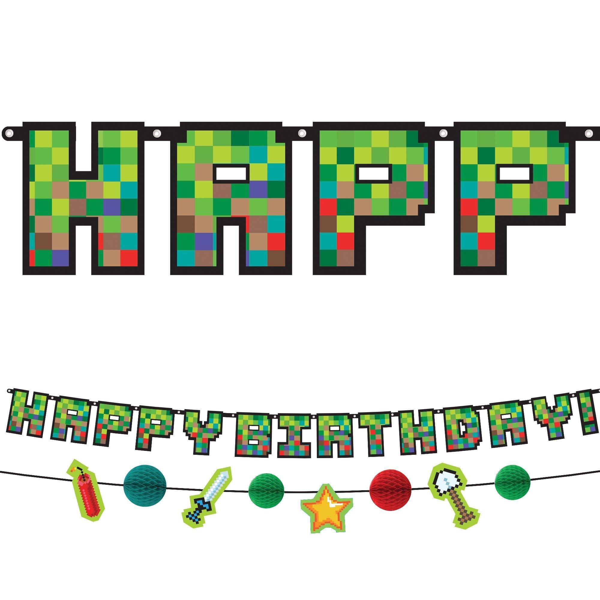 Pixel Party Birthday Decorating Supplies Pack - Kit Includes Banner, Lanterns & Table Decorations