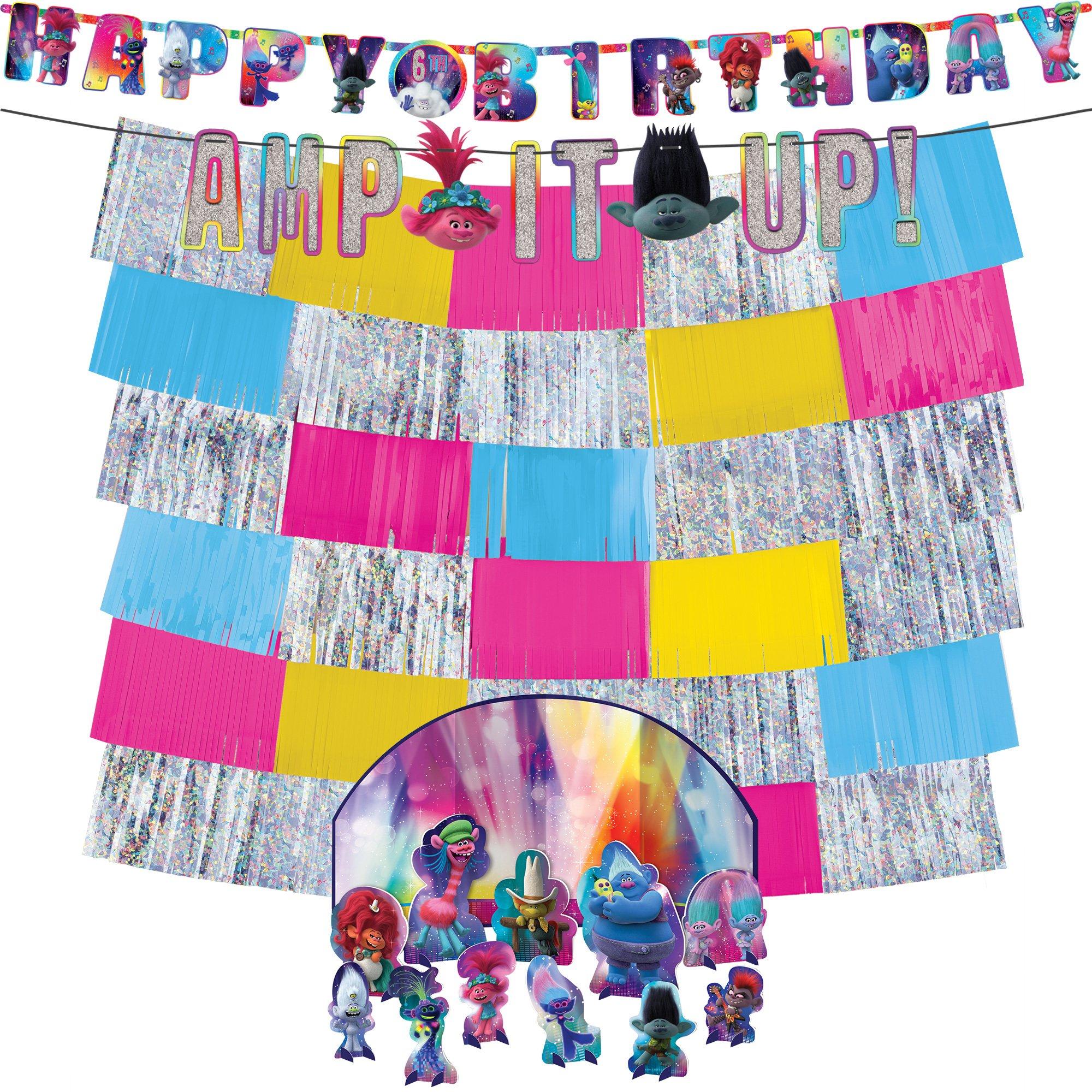 Trolls World Tour Birthday Party Decorating Supplies Pack - Kit Includes Banner, Backdrop & Table Decorations