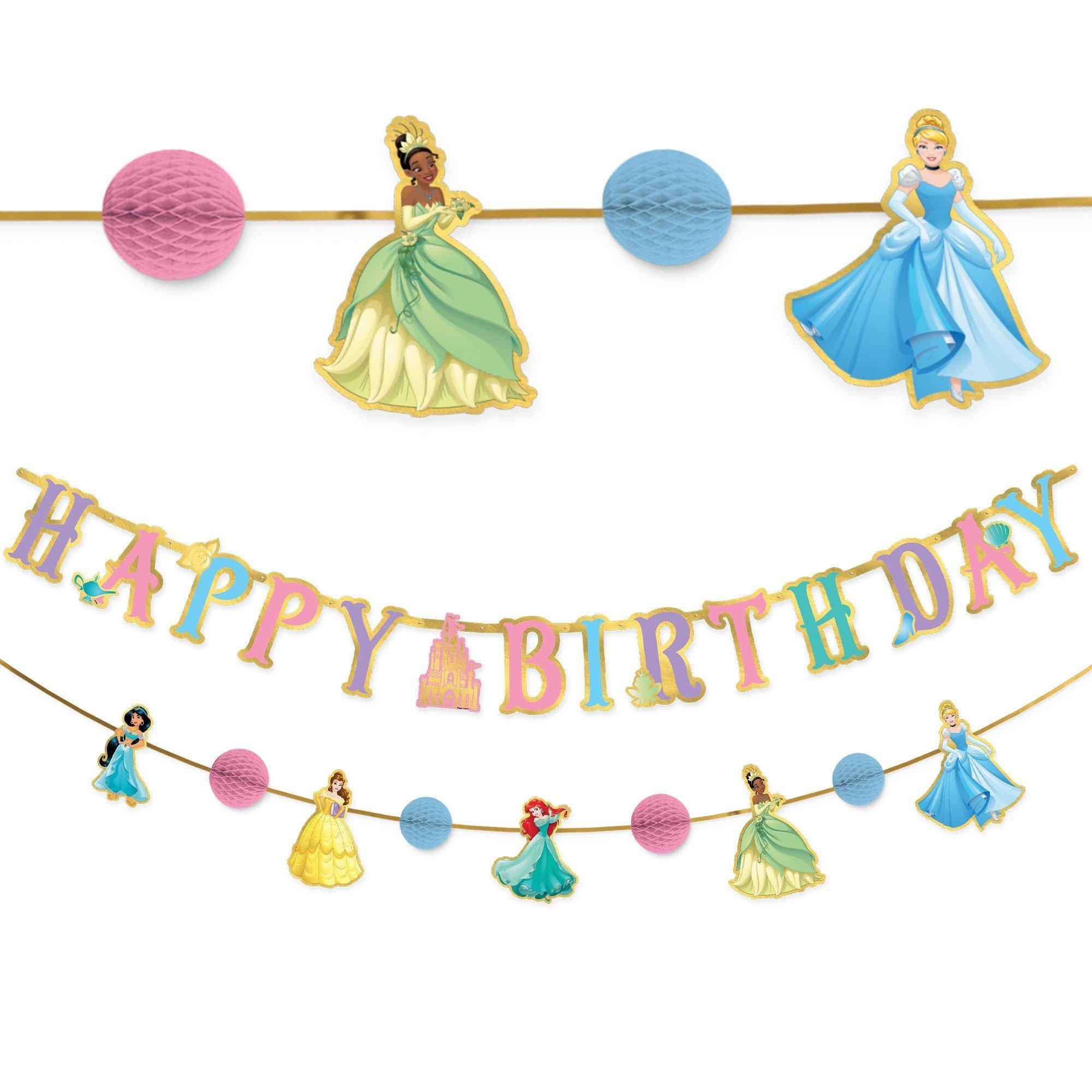 Disney Princess Birthday Party Decorating Supplies Pack - Kit Includes Banner, Pom Poms & Table Decorations