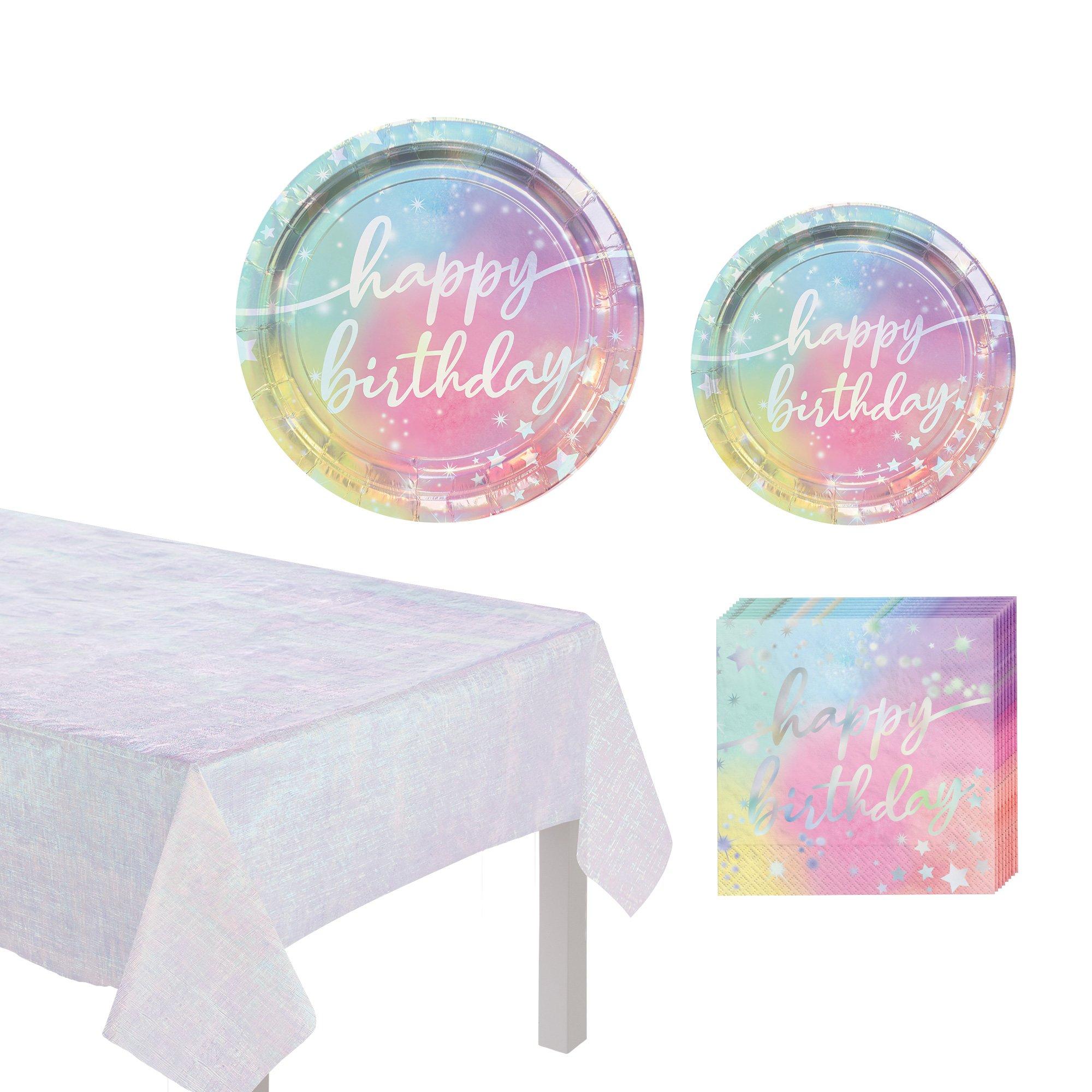 Iridescent Luminous Rainbow Core Birthday Party Supplies Pack for 8 Guests - Kit Includes Plates, Napkins & Table Cover