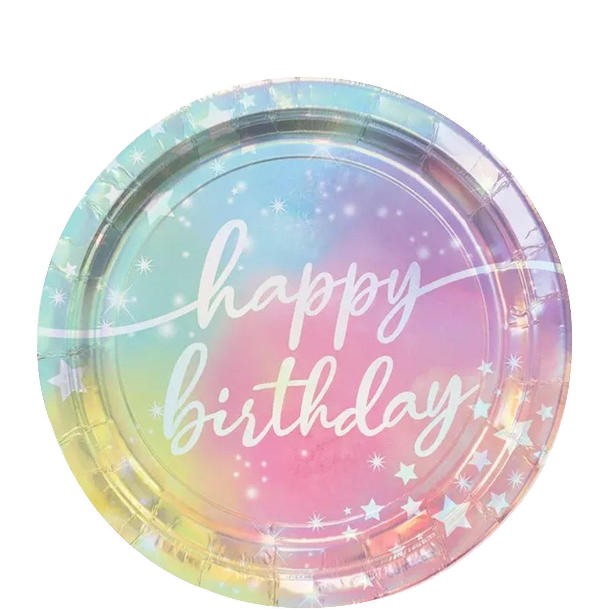 Iridescent Luminous Rainbow Core Birthday Party Supplies Pack for 8 Guests - Kit Includes Plates, Napkins & Table Cover