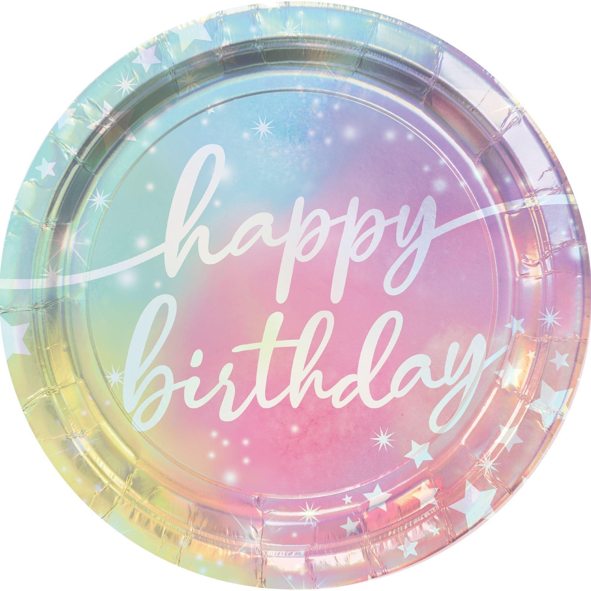 Iridescent Luminous Rainbow Core Birthday Party Supplies Pack for 8 Guests - Kit Includes Plates, Napkins & Table Cover