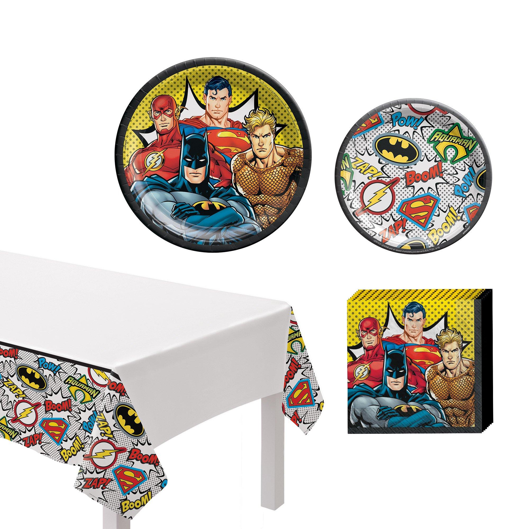 Justice League Heroes Unite Core Birthday Party Supplies Pack for 8 Guests - Kit Includes Plates, Napkins & Table Cover