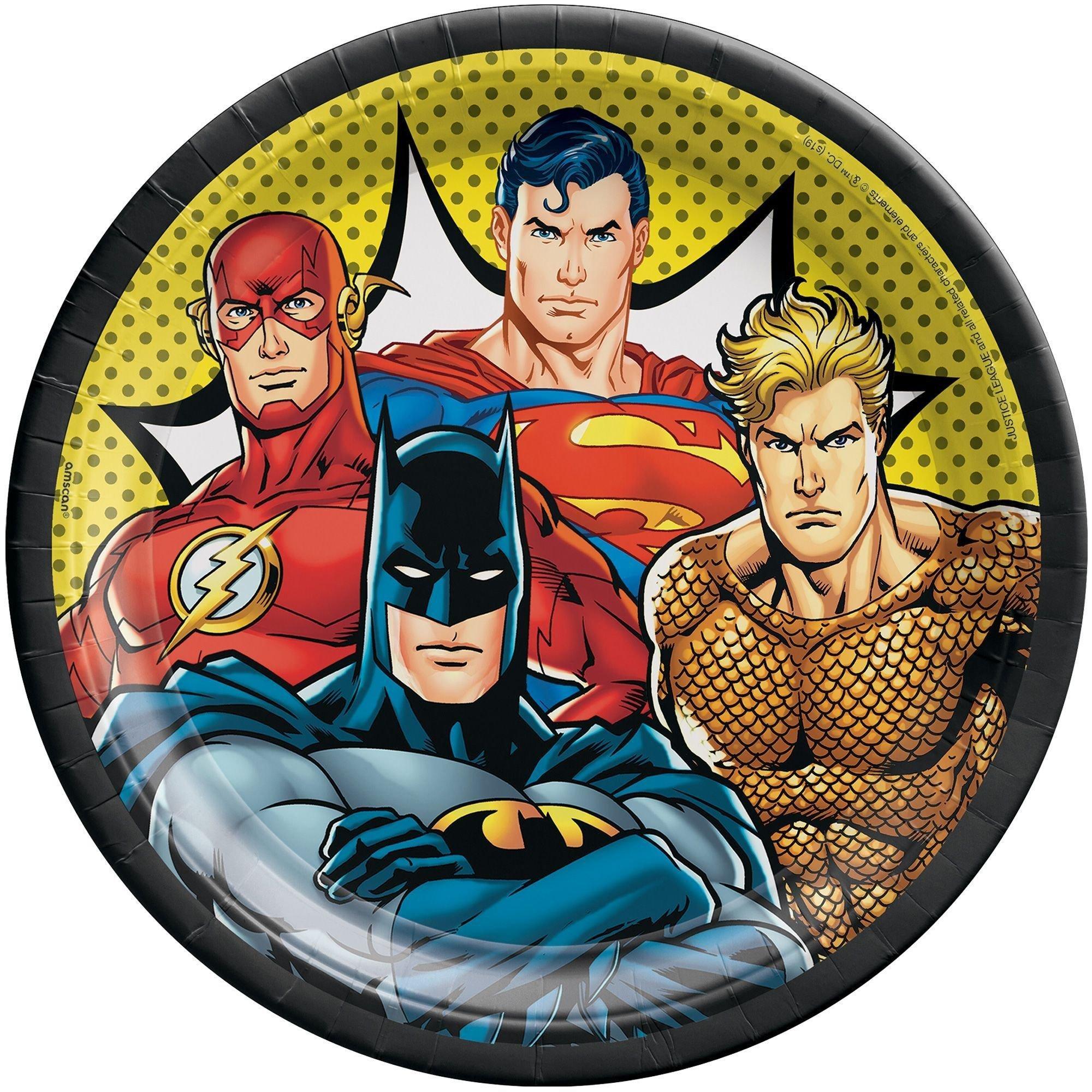 Justice League Heroes Unite Core Birthday Party Supplies Pack for 8 Guests - Kit Includes Plates, Napkins & Table Cover