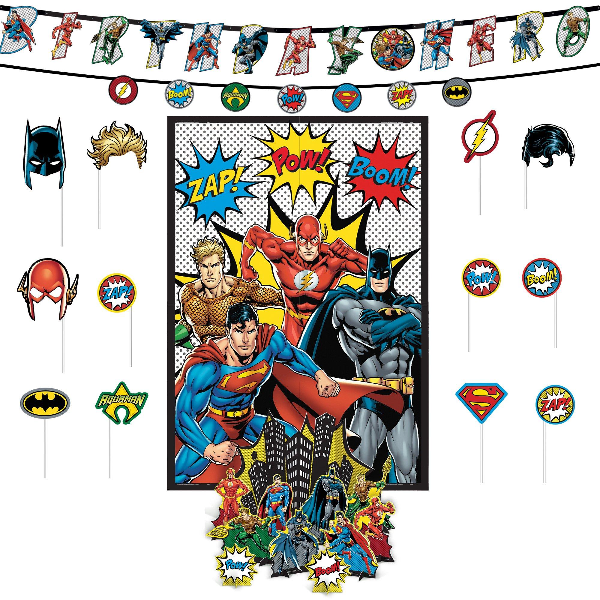 Justice League Heroes Unite Birthday Party Decorating Supplies Pack - Kit Includes Banner, Scene Setter & Table Decorations