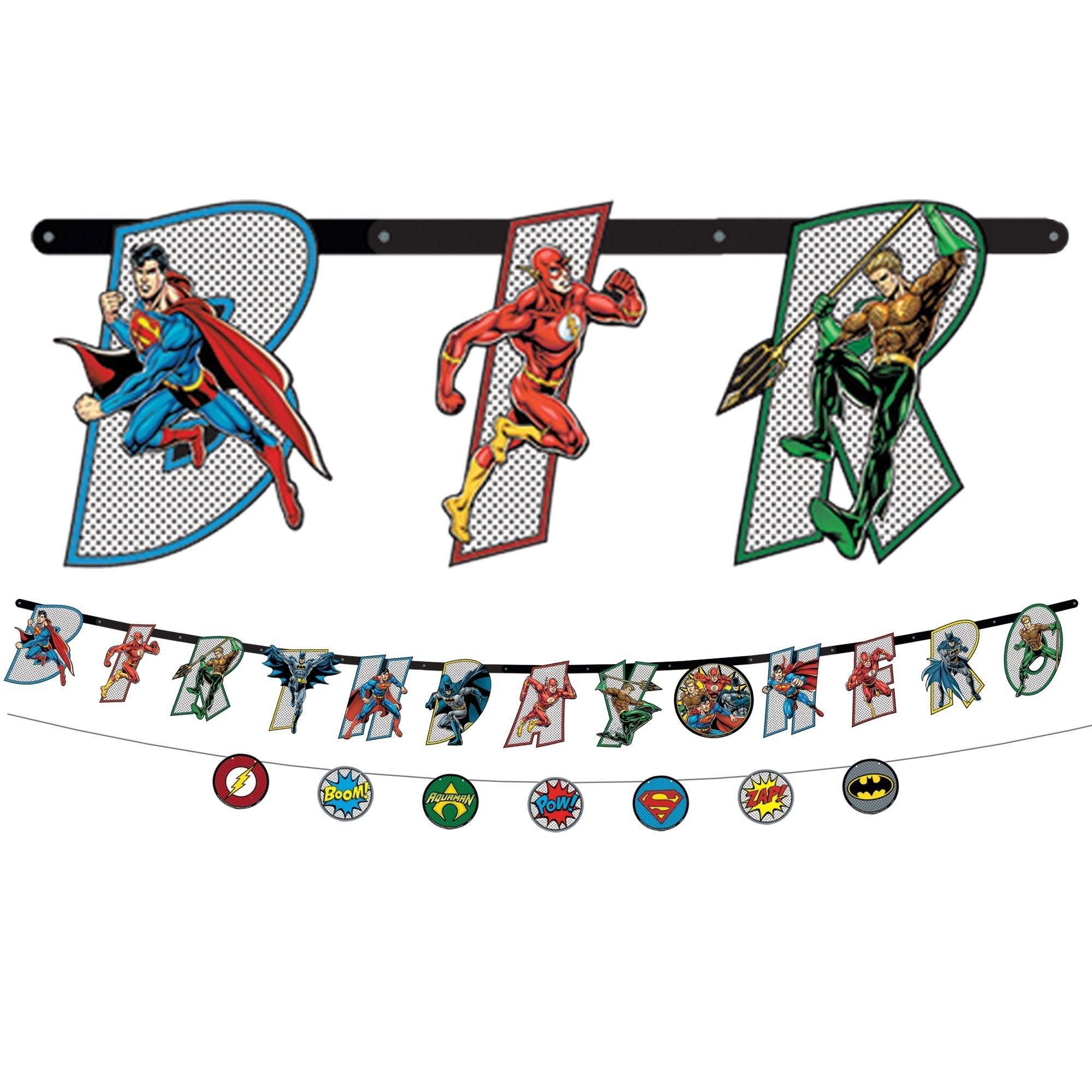 Justice League Heroes Unite Birthday Party Decorating Supplies Pack - Kit Includes Banner, Scene Setter & Table Decorations