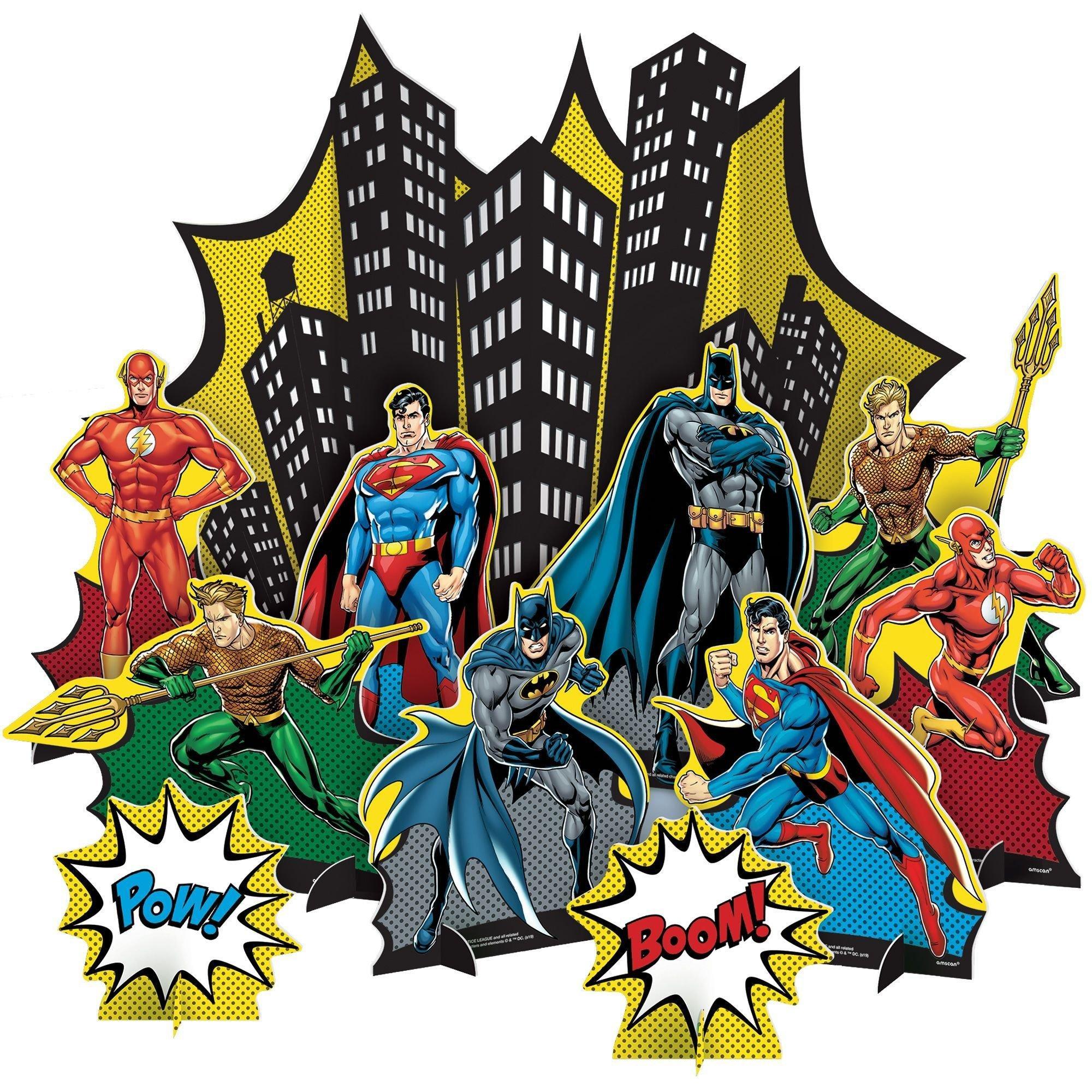 Justice League Heroes Unite Birthday Party Decorating Supplies Pack - Kit Includes Banner, Scene Setter & Table Decorations