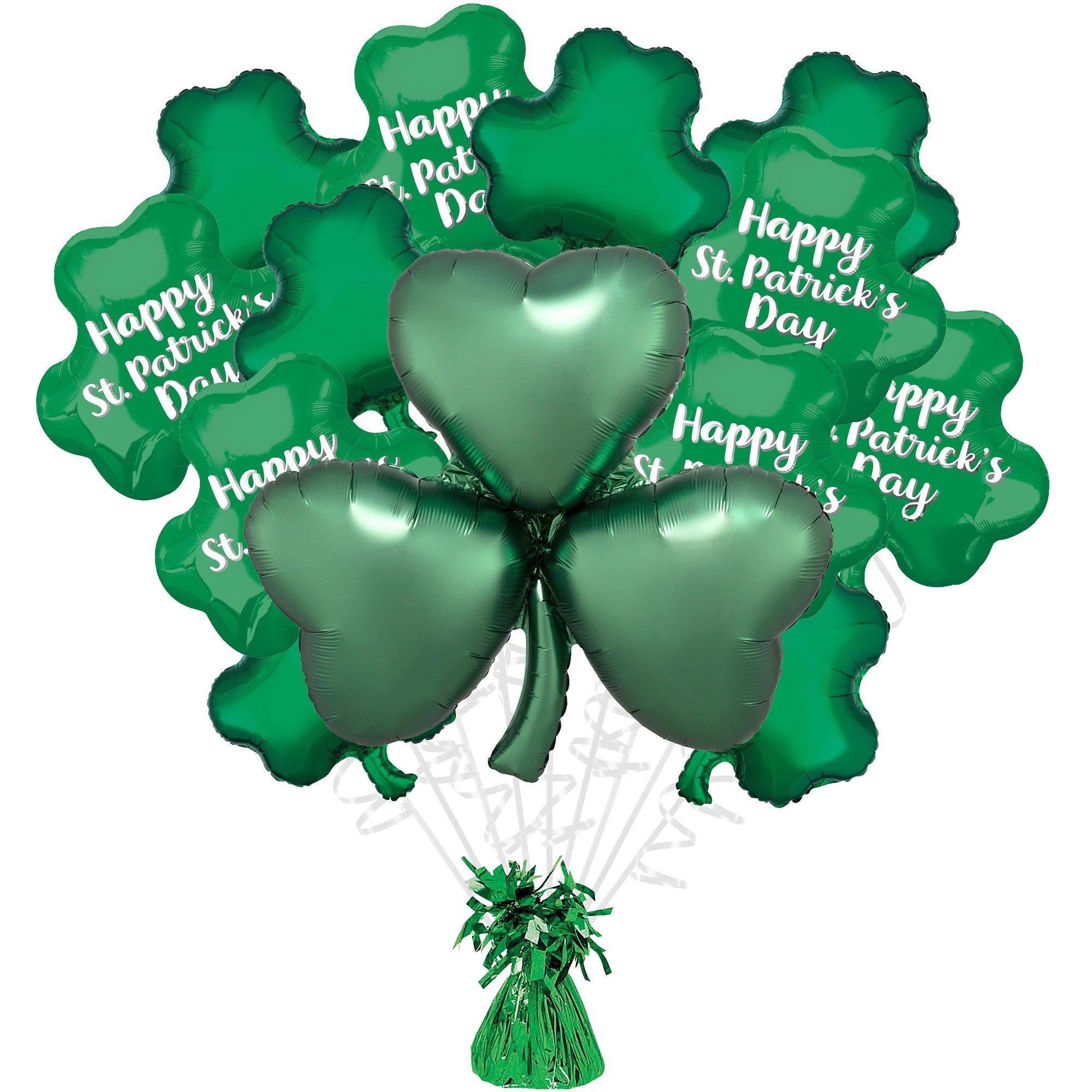 St. Patrick's Day Shamrock Foil Balloon Bouquet with Balloon Weight, 14pc