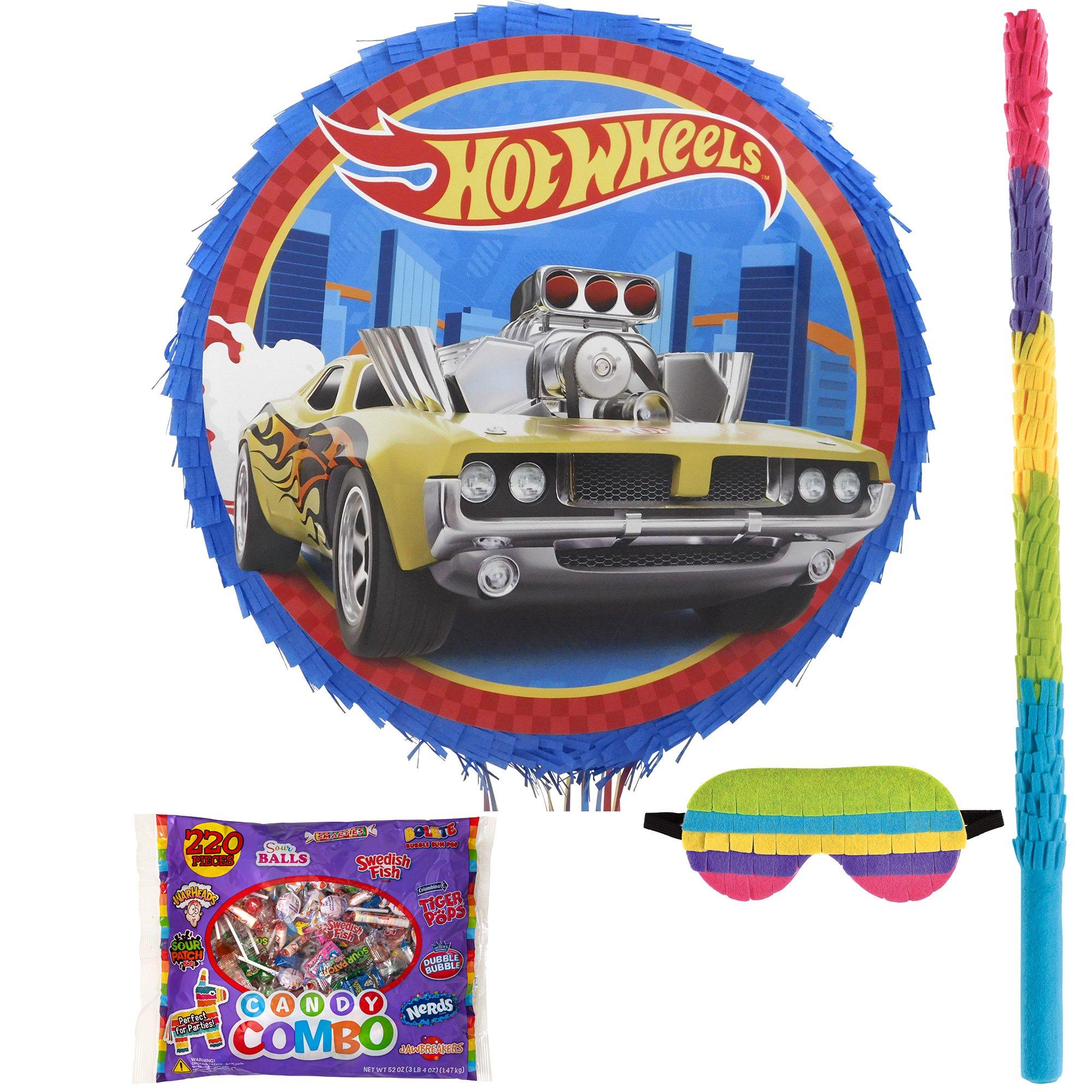 Pull String Hot Wheels Pinata Kit - Includes Pinata, Candy Combo Mix (3.25lb), Stick & Blindfold