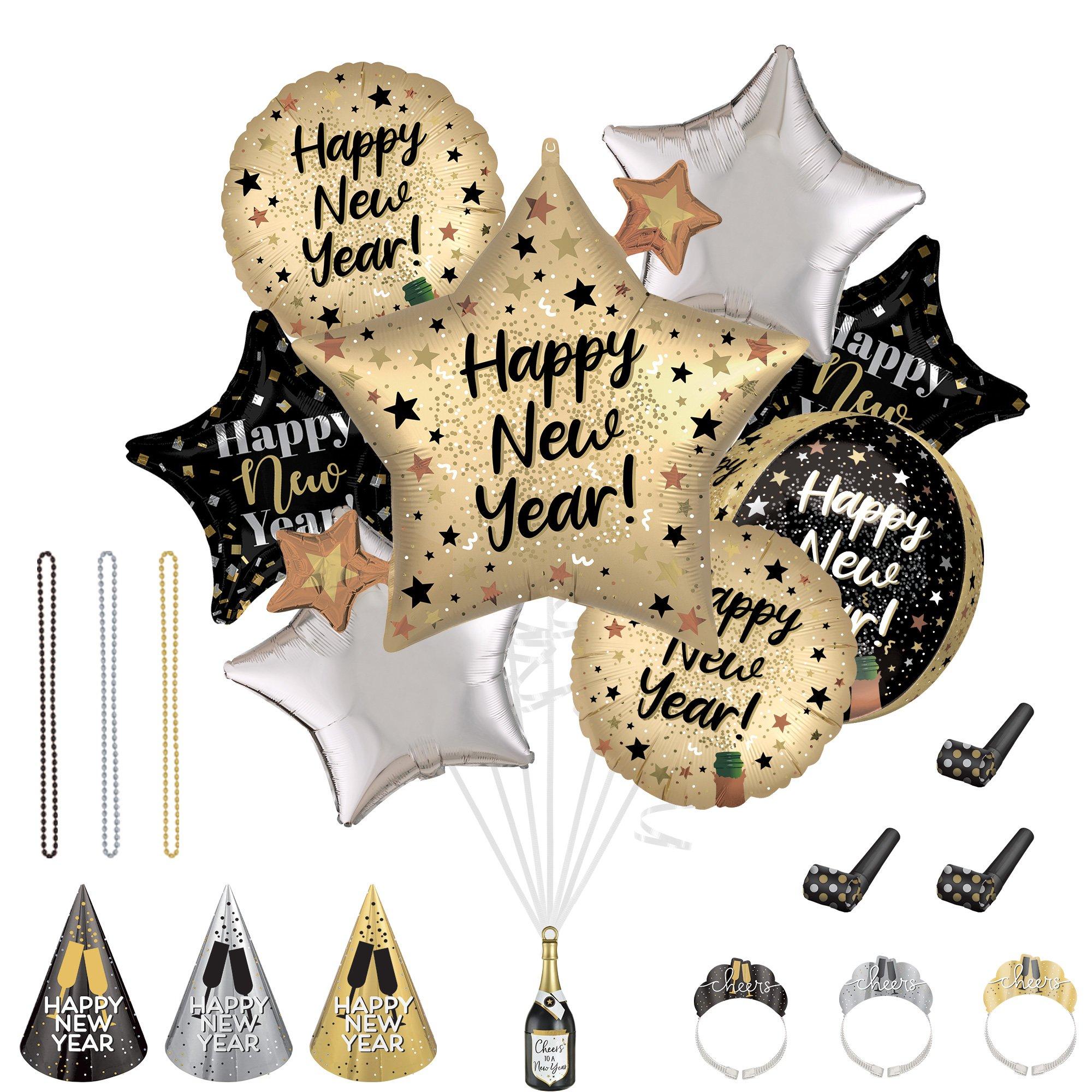 New Year's Eve Party Kit for 10 Guests & Natural Sparkle Foil Balloon Bouquet