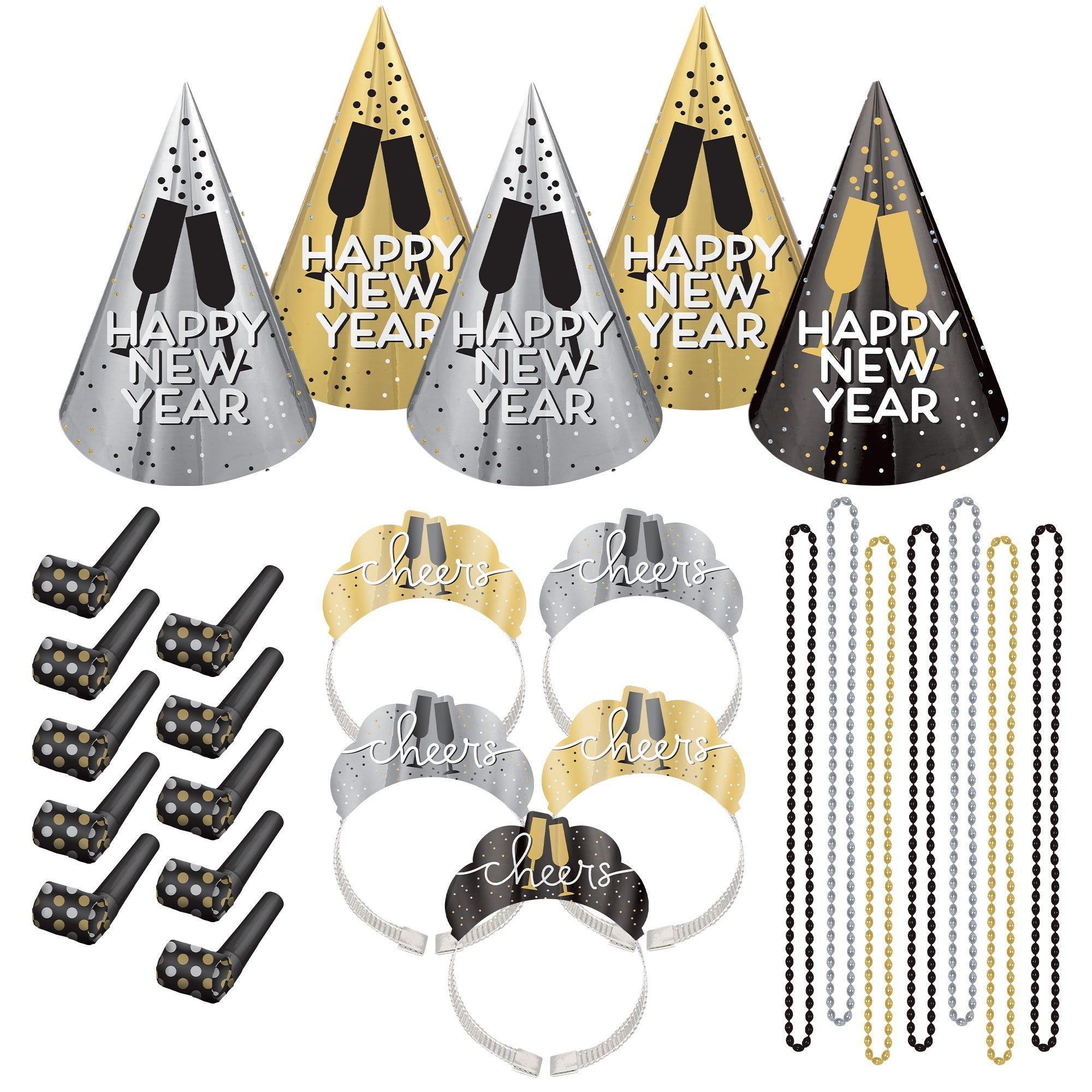 New Year's Eve Party Kit for 10 Guests & Natural Sparkle Foil Balloon Bouquet