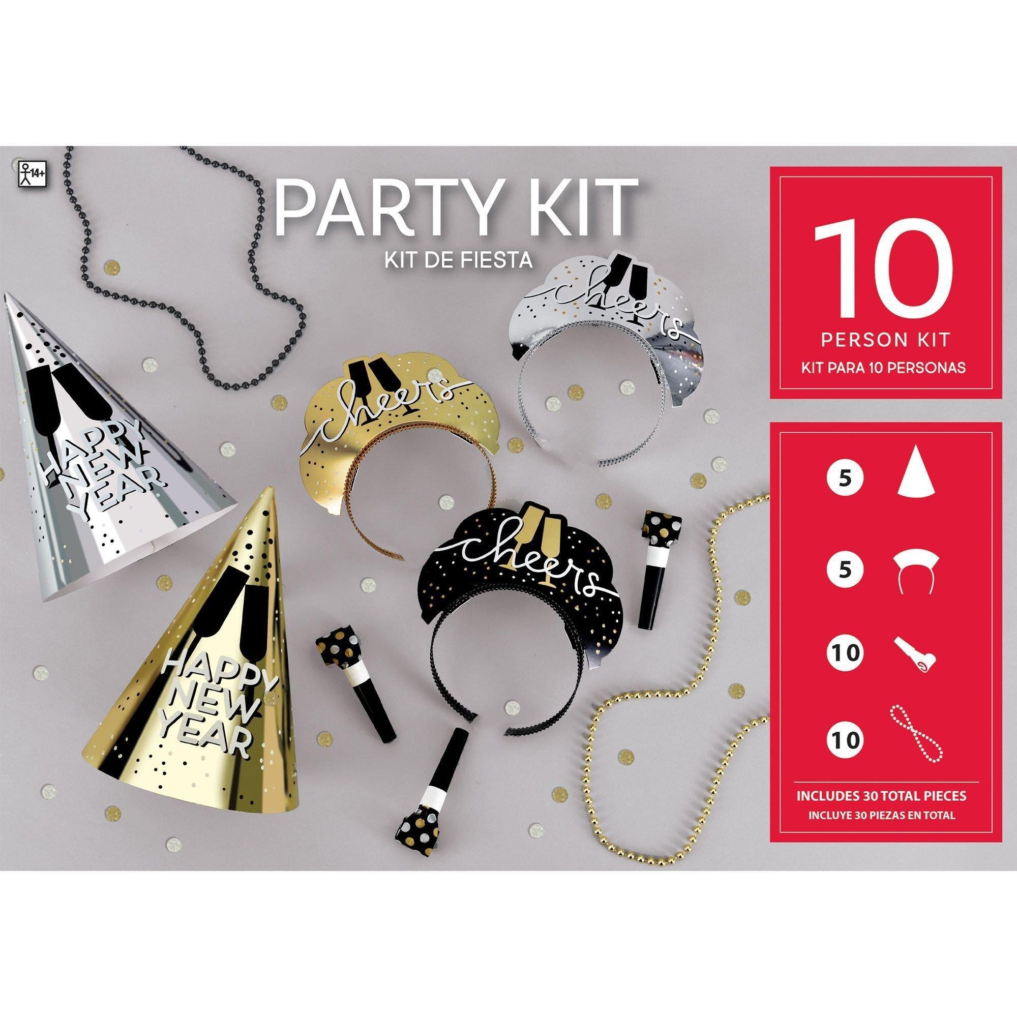 New Year's Eve Party Kit for 10 Guests & Natural Sparkle Foil Balloon Bouquet