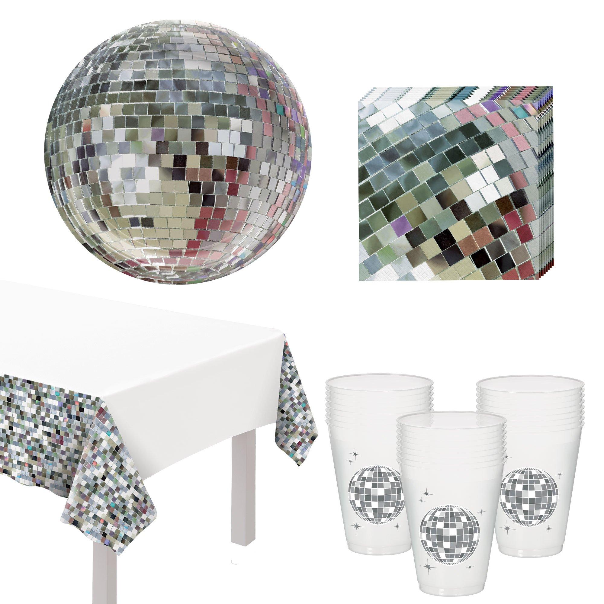 Disco Party Supplies Pack for 16 Guests - Kit Includes Plates, Napkins, Cups & Table Cover