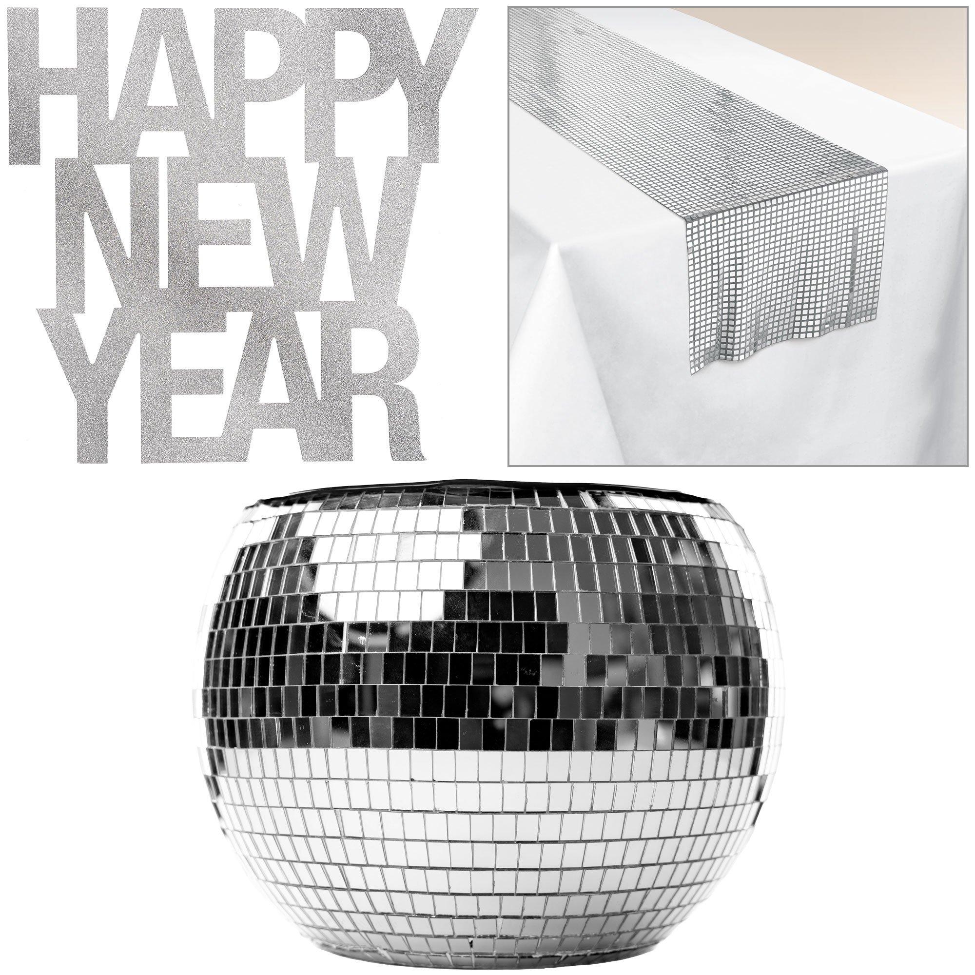 Disco New Year's Eve Party Table Decorating Supplies Pack - Kit Includes Table Runner, Ice Bucket & Cutout