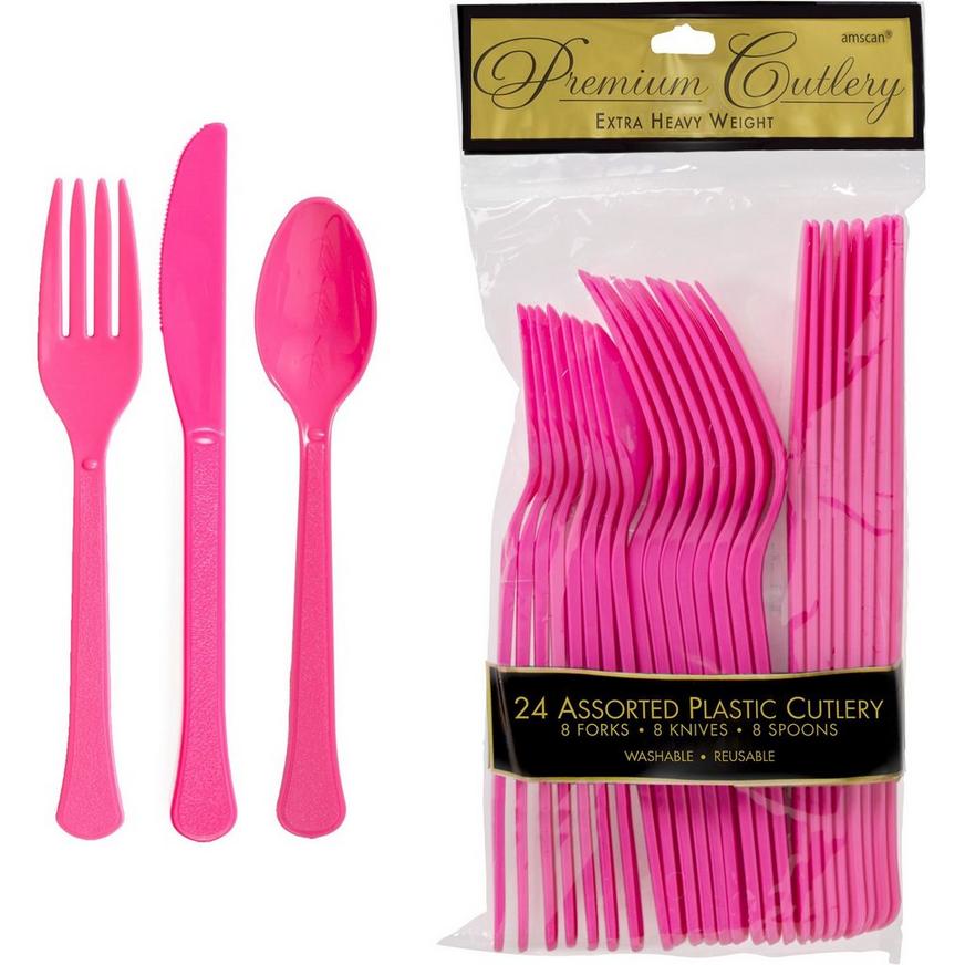 Bright Pink Premium Plastic Cutlery Set 24ct