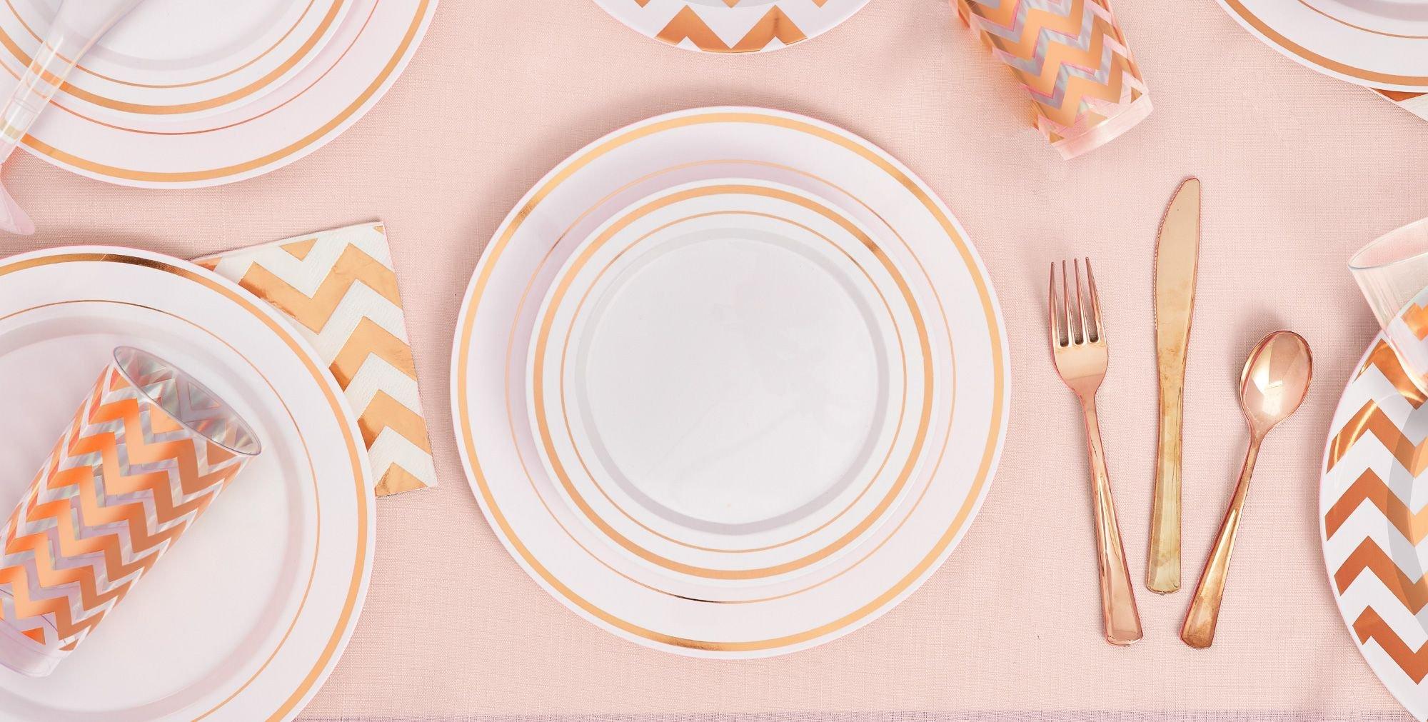 White Rose Gold Trimmed Premium Plastic Dinner Plates 10ct