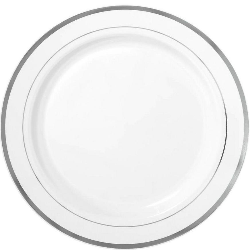 White Silver-Trimmed Premium Plastic Dinner Plates 10ct