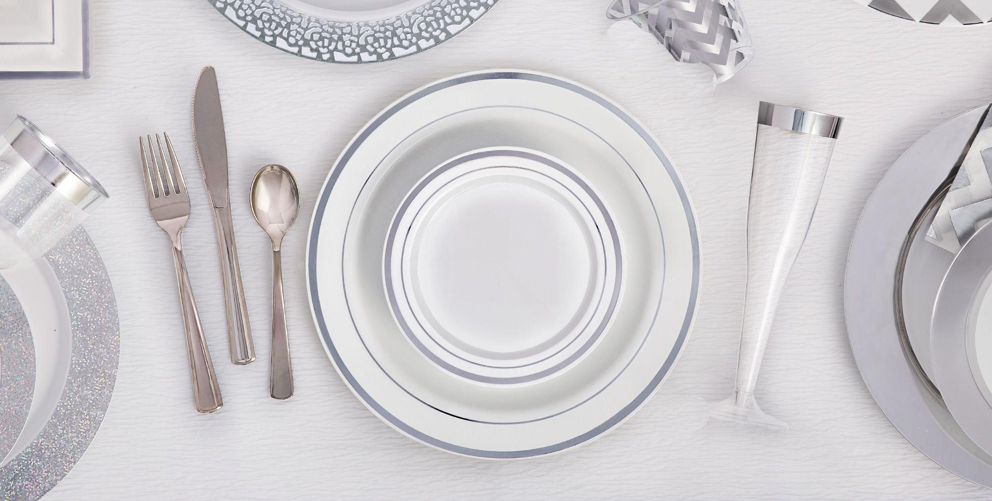 White Silver-Trimmed Premium Plastic Dinner Plates 10ct