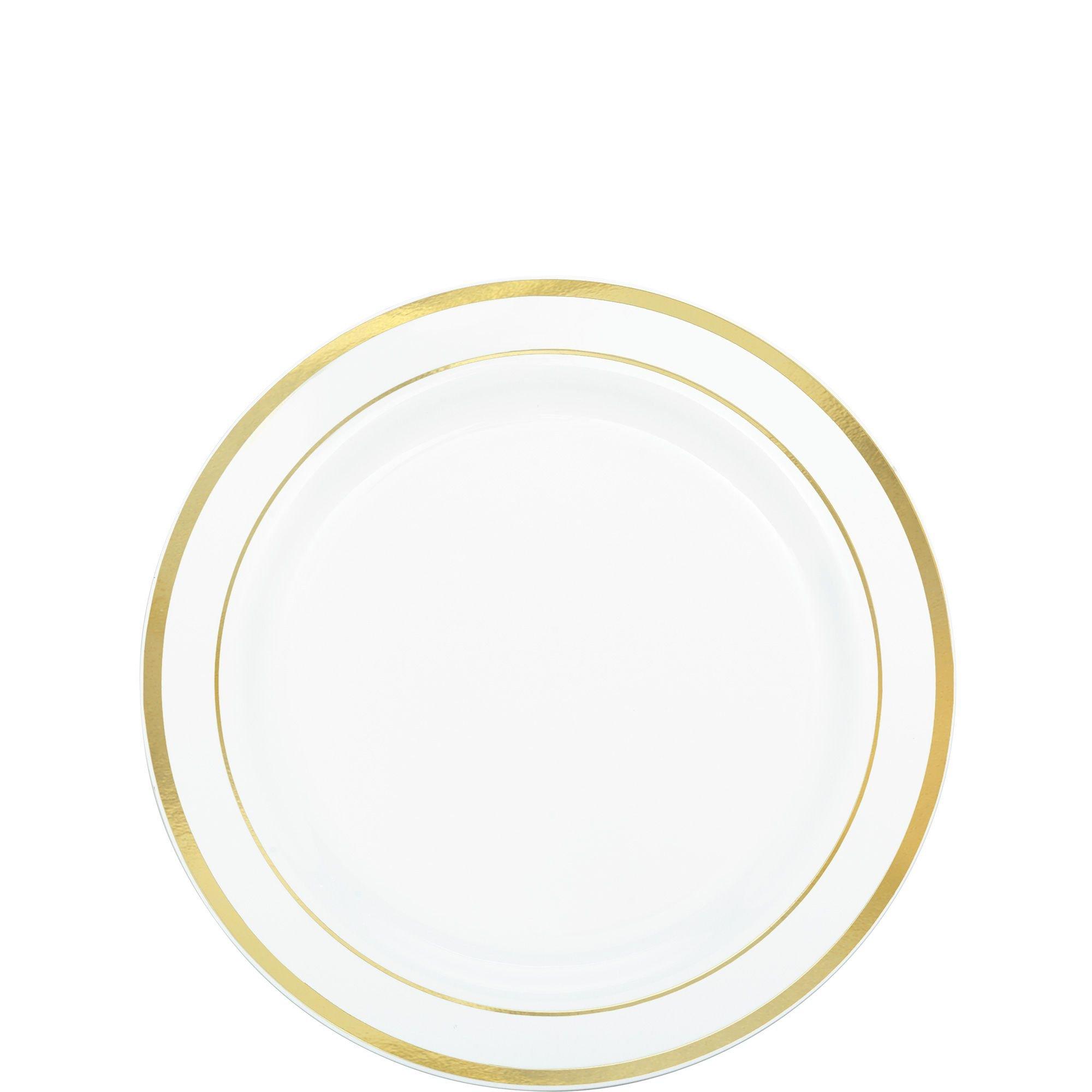 10 Pack White And Gold Brush Stroked Round Plastic Dessert Plates,  Disposable Appetizer Salad Party Plates 7
