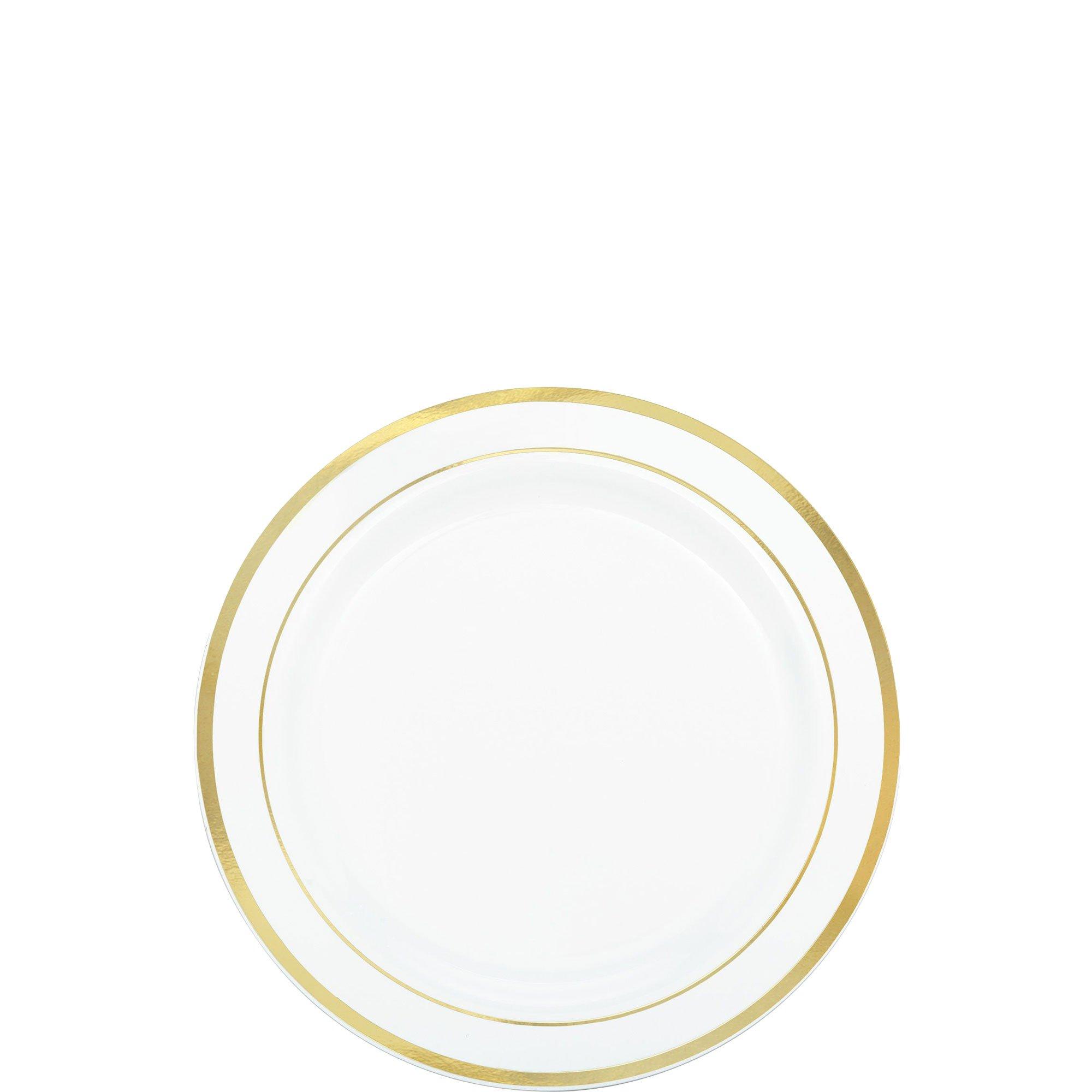 10 Pack White And Gold Brush Stroked Round Plastic Dessert Plates,  Disposable Appetizer Salad Party Plates 7