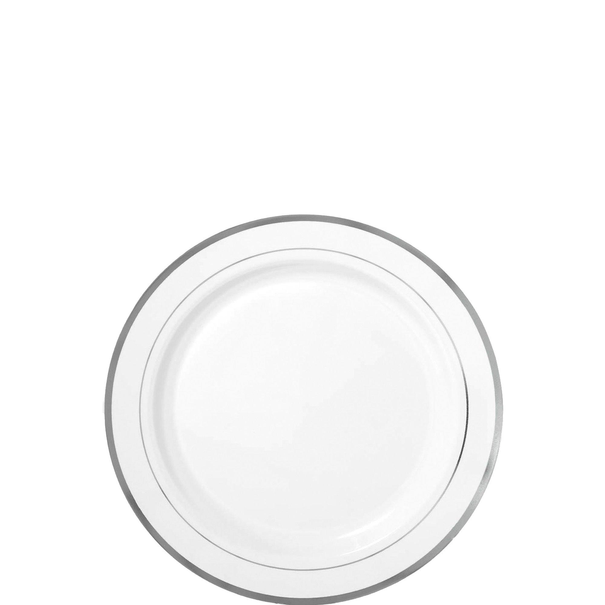 White plastic plates on sale with silver trim