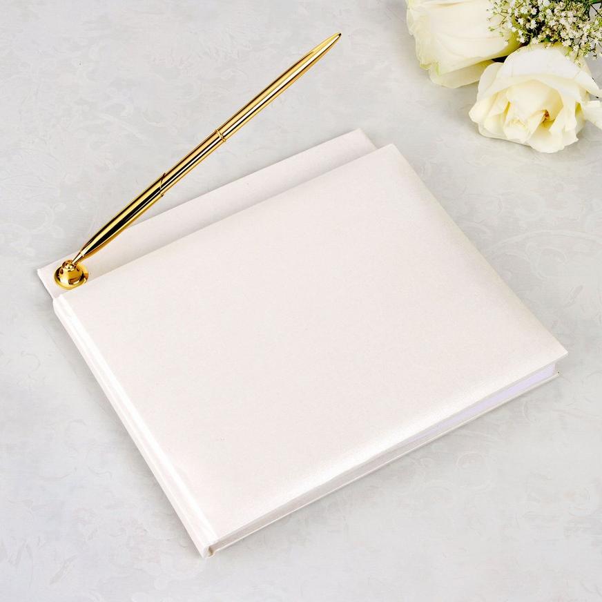 Ivory Wedding Guest Book with Pen 7 3/8in x 8 1/8in