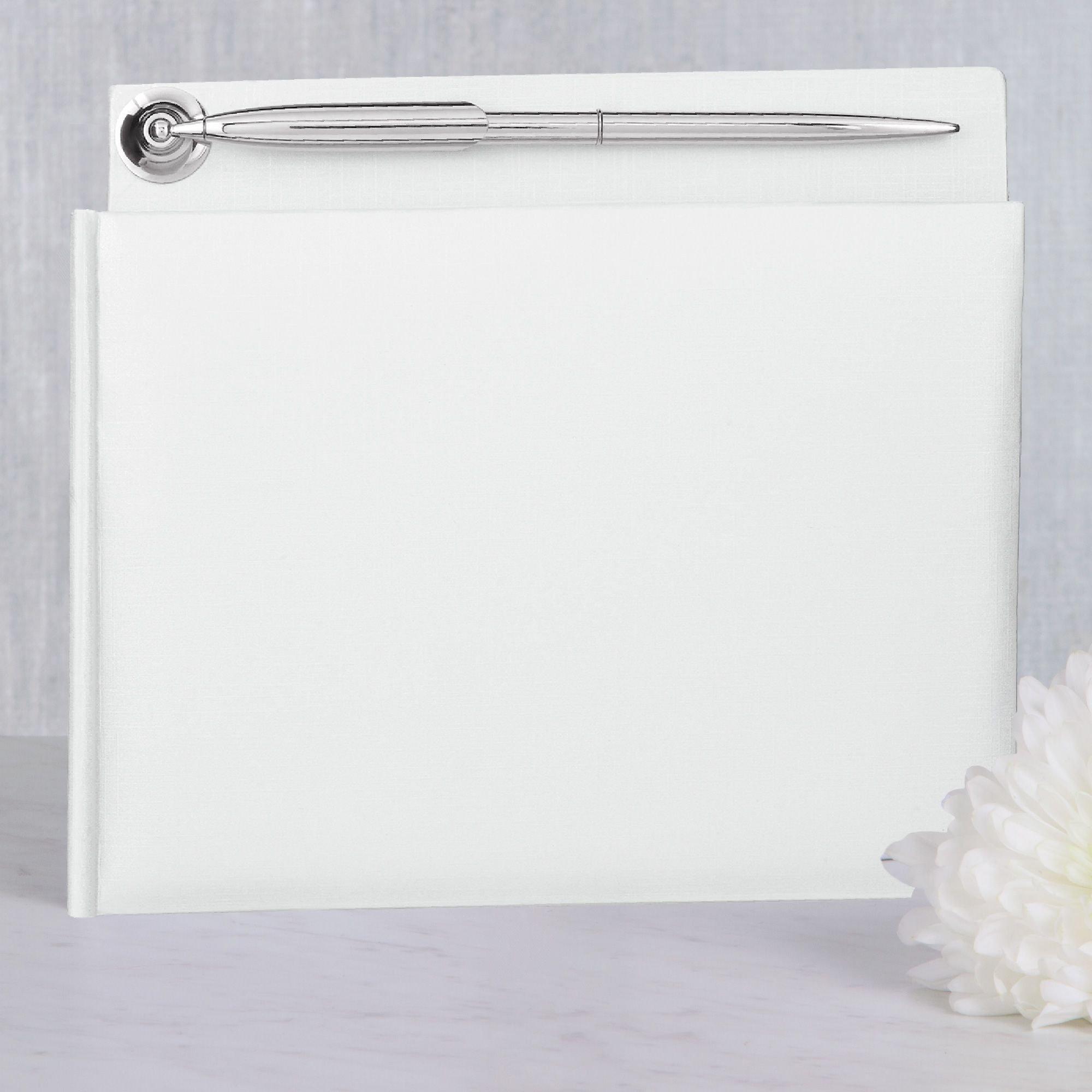 White Wedding Guest Book with Pen 7 3/8in x 8 1/8in