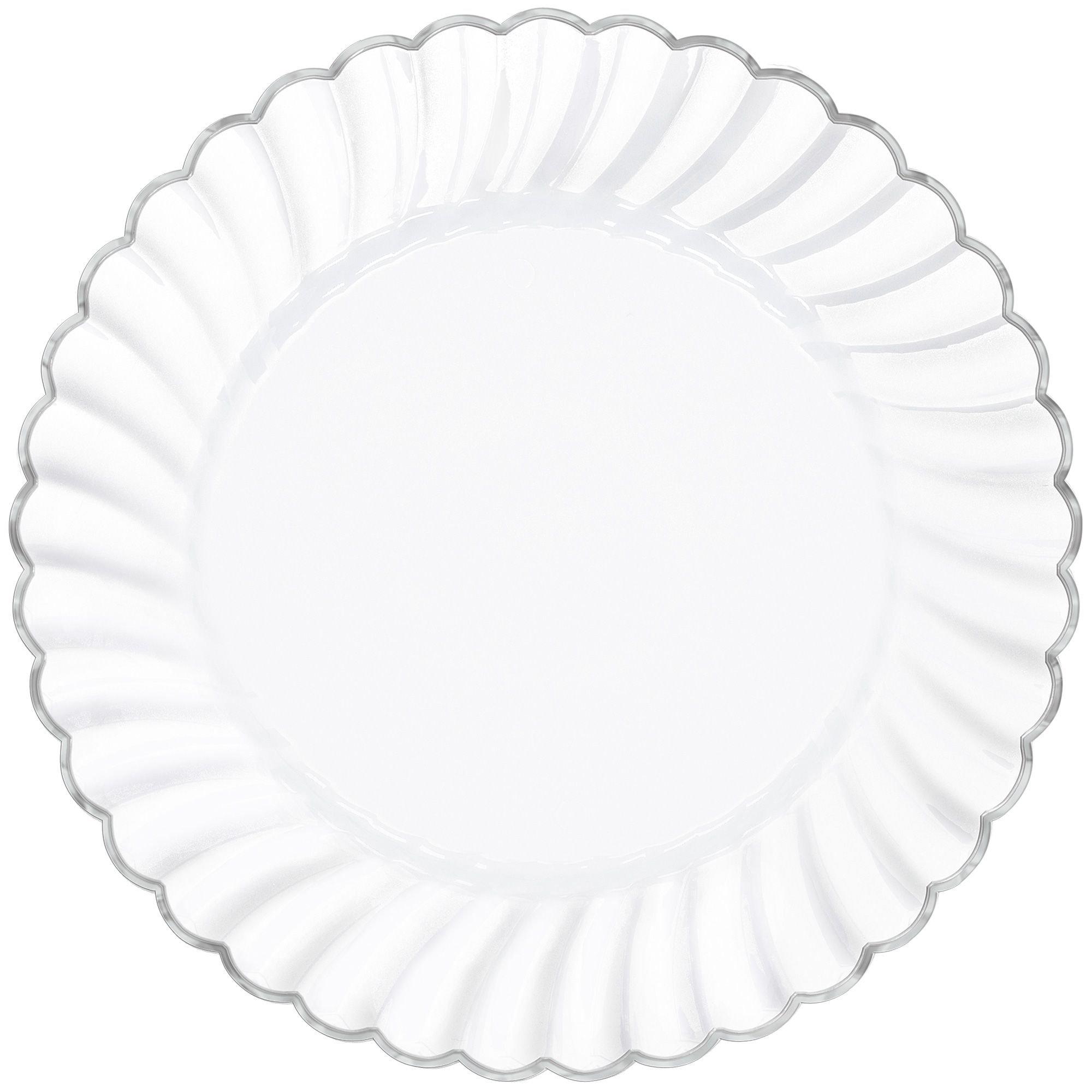 White SilverTrimmed Premium Plastic Scalloped Dinner Plates 10ct