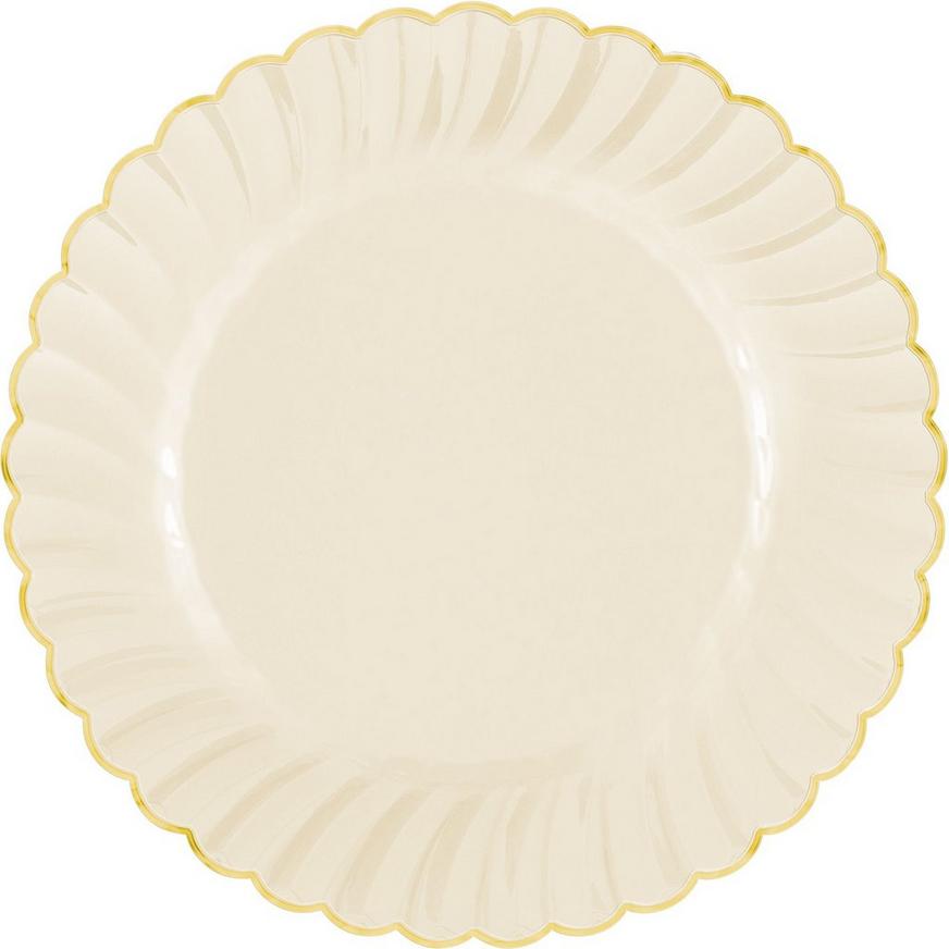 Cream Gold-Trimmed Premium Plastic Scalloped Dinner Plates 10ct