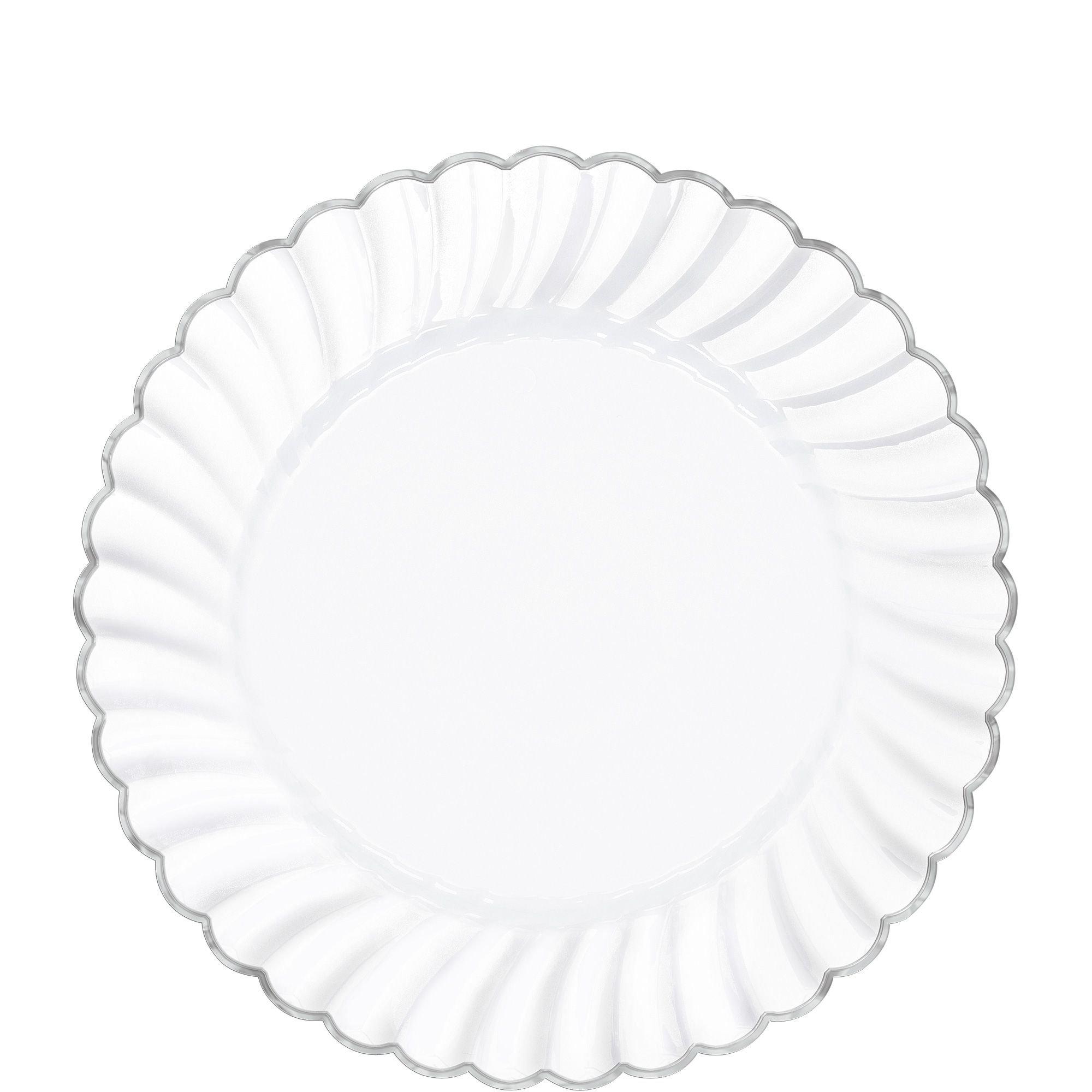 White Silver-Trimmed Scallop Disposable Plastic Plates 40 Pcs Combo Pack Size: 10 in | Wedding | Event | Wholesale by CV Linens