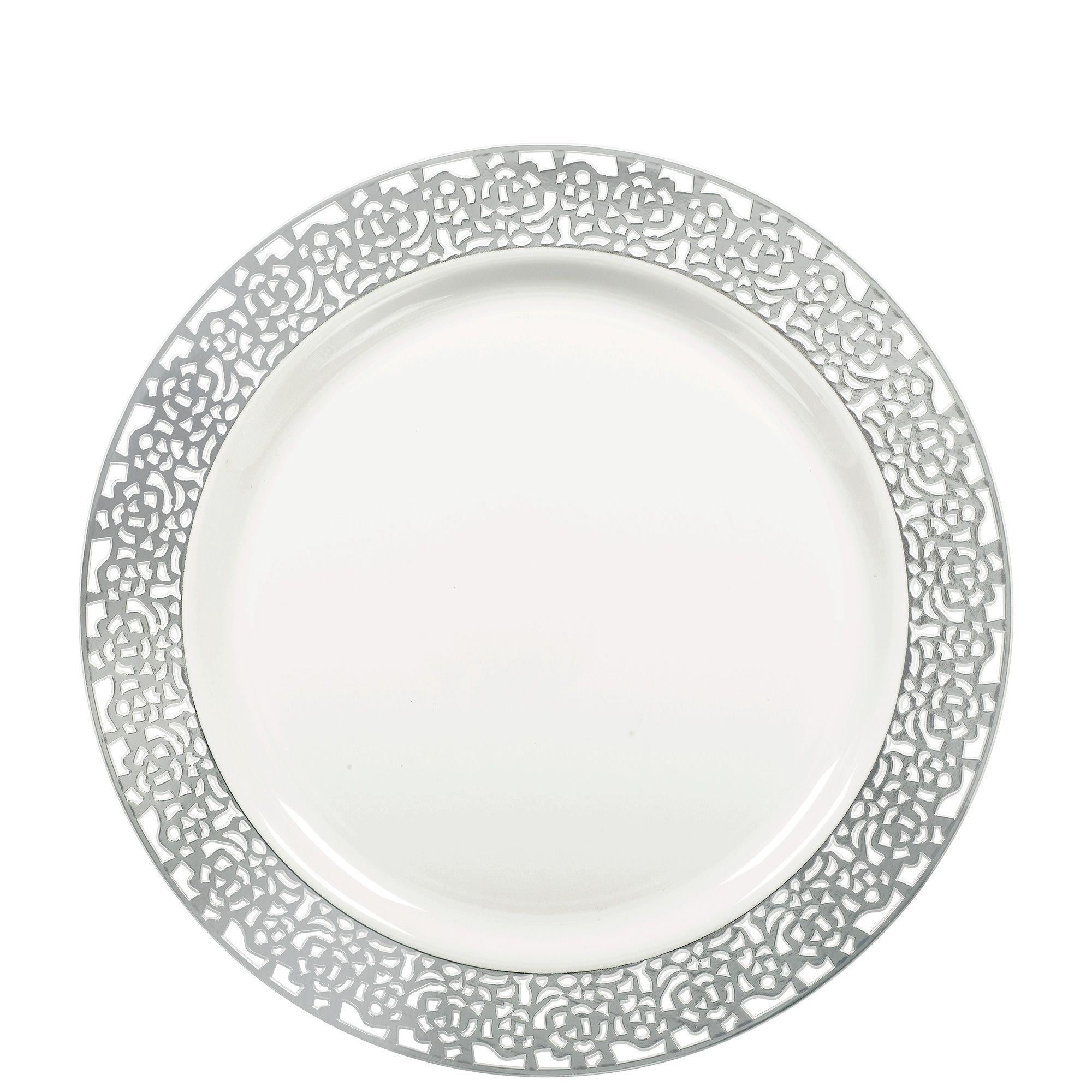 White Silver Lace Border Premium Plastic Lunch Plates 20ct