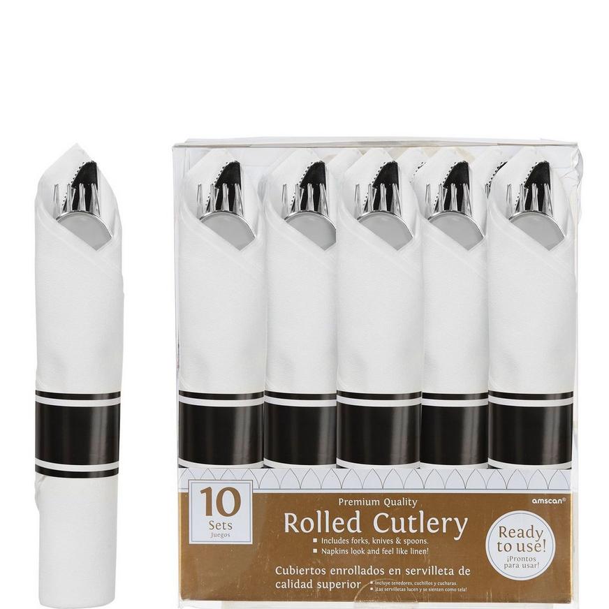 Rolled Metallic Silver Premium Plastic Cutlery Sets, 10ct - Black Band