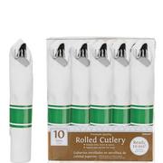 Rolled Metallic Silver Premium Plastic Cutlery Sets, 10ct - Festive Green Band