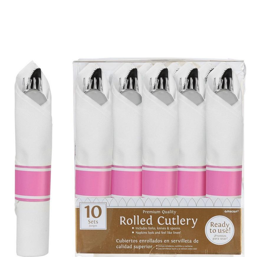Rolled Metallic Silver Premium Plastic Cutlery Sets, 10ct - Bright Pink Band