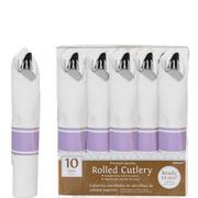 Rolled Metallic Silver Premium Plastic Cutlery Sets, 10ct - Lavender Band